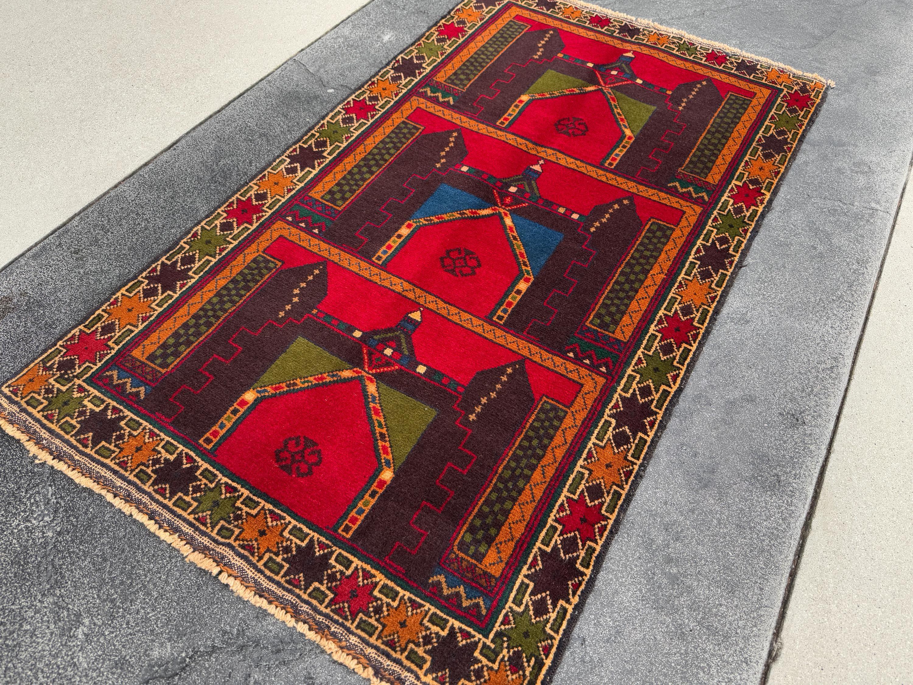 3x5 (91x152) Handmade Vintage Afghan Baluch Rug | Crimson Scarlet Red Rust Orange Moss Olive Forest Green Plum Denim Blue Cream Sand Brown