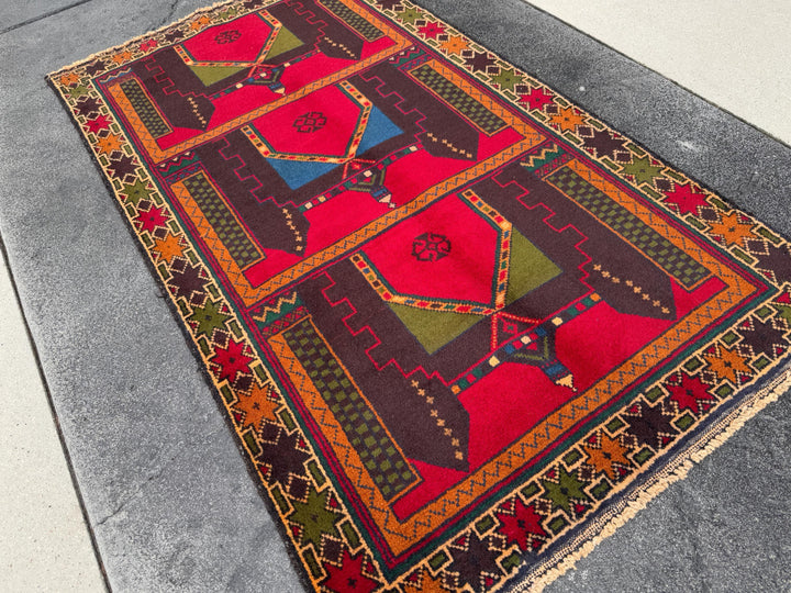 3x5 (91x152) Handmade Vintage Afghan Baluch Rug | Crimson Scarlet Red Rust Orange Moss Olive Forest Green Plum Denim Blue Cream Sand Brown