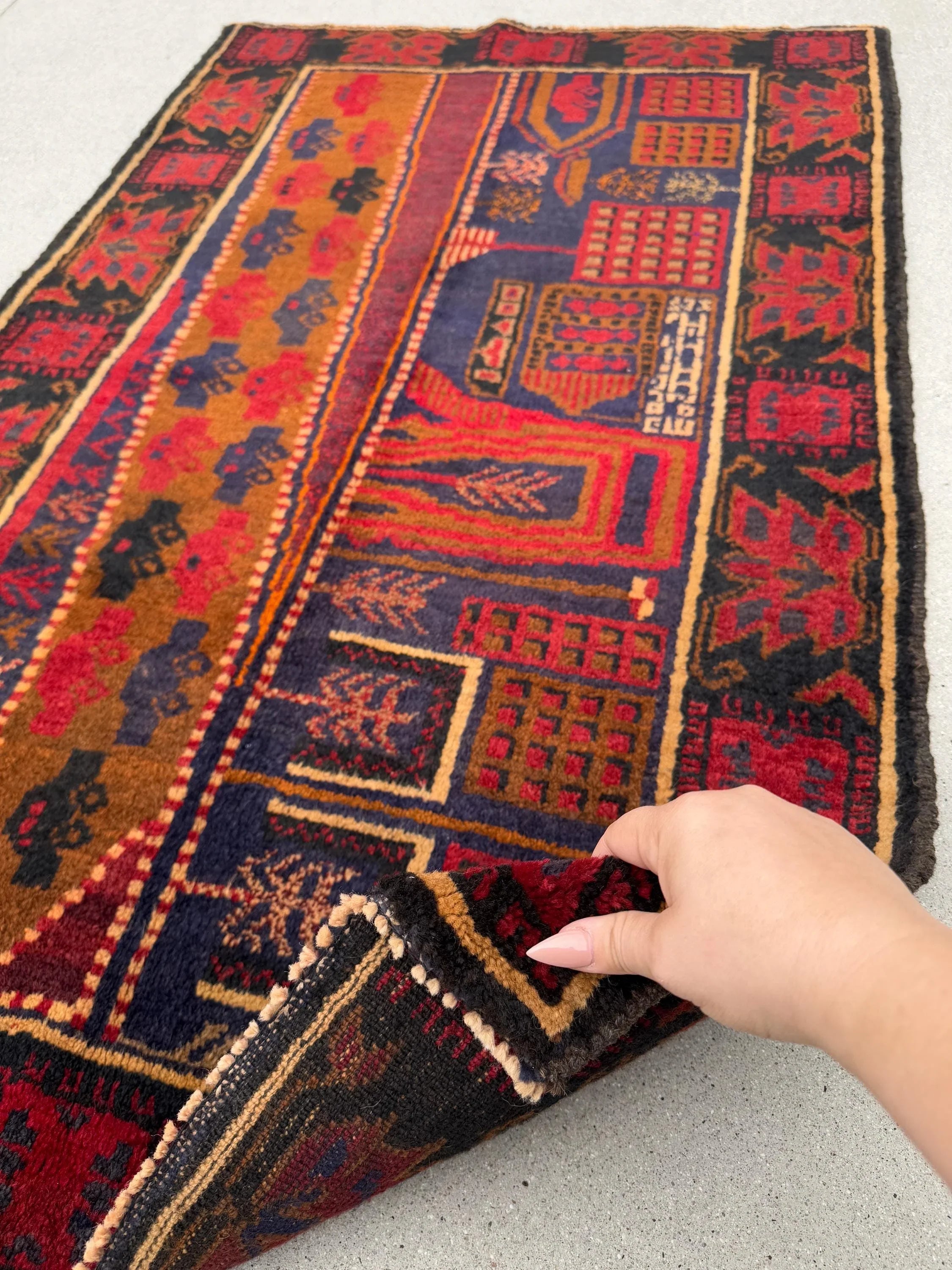 3x5 (91x152) Handmade Vintage Afghan Baluch Rug | Garnet Cherry Crimson Red Navy Midnight Blue Black Caramel Brown Rust Orange Cream | Wool