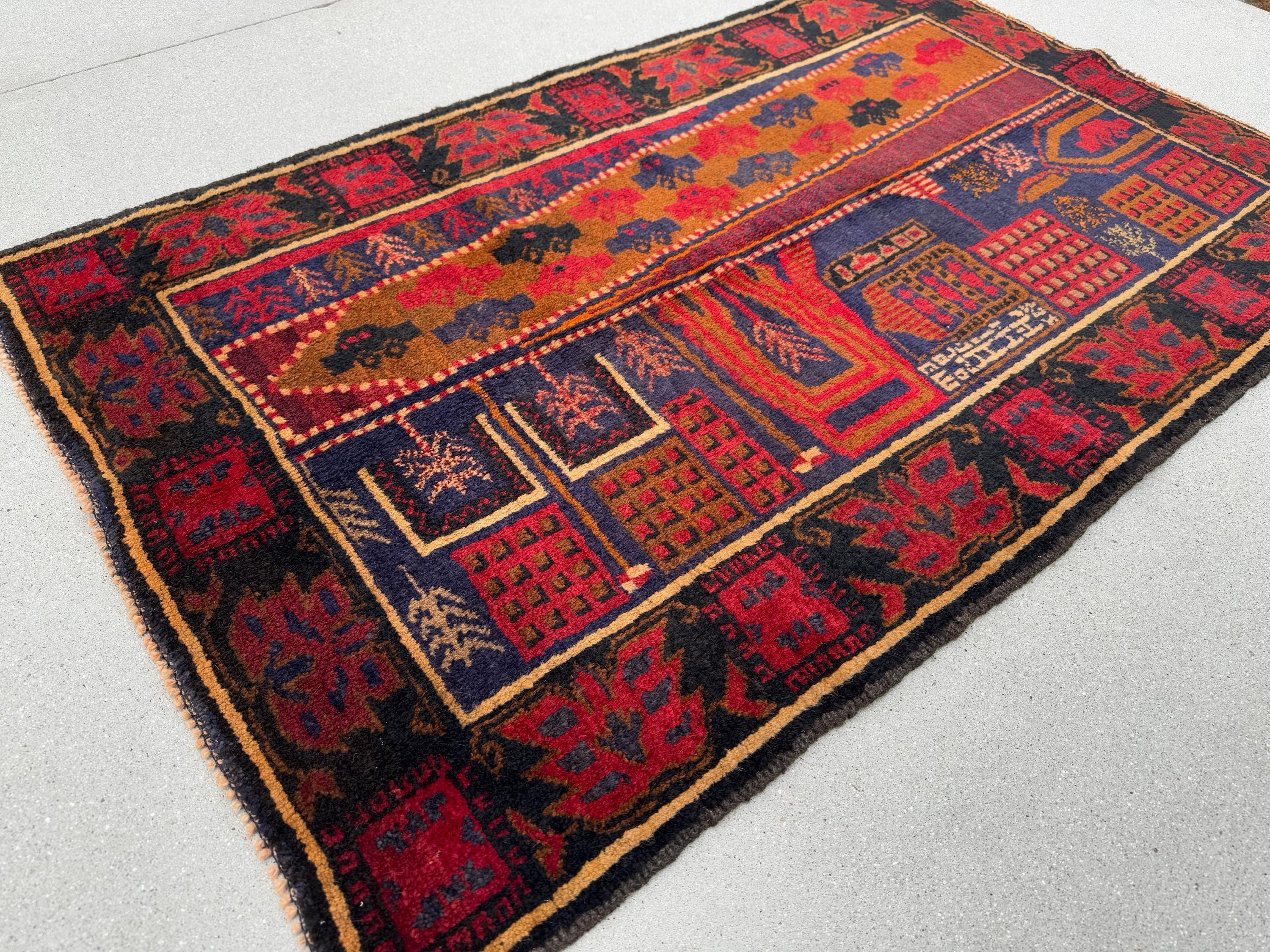 3x5 (91x152) Handmade Vintage Afghan Baluch Rug | Garnet Cherry Crimson Red Navy Midnight Blue Black Caramel Brown Rust Orange Cream | Wool