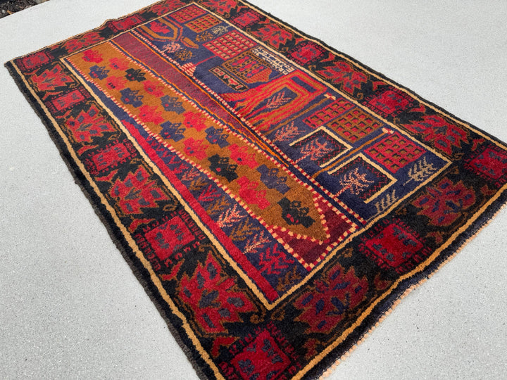 3x5 (91x152) Handmade Vintage Afghan Baluch Rug | Garnet Cherry Crimson Red Navy Midnight Blue Black Caramel Brown Rust Orange Cream | Wool