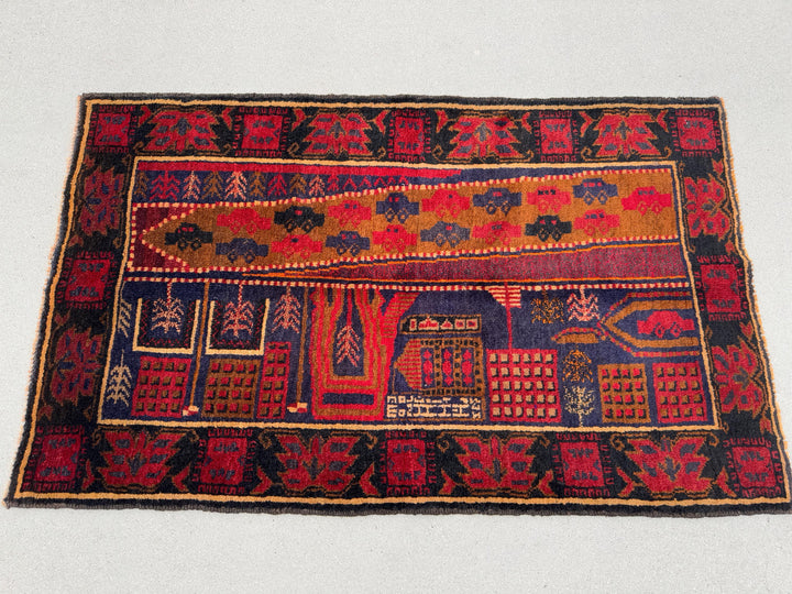 3x5 (91x152) Handmade Vintage Afghan Baluch Rug | Garnet Cherry Crimson Red Navy Midnight Blue Black Caramel Brown Rust Orange Cream | Wool