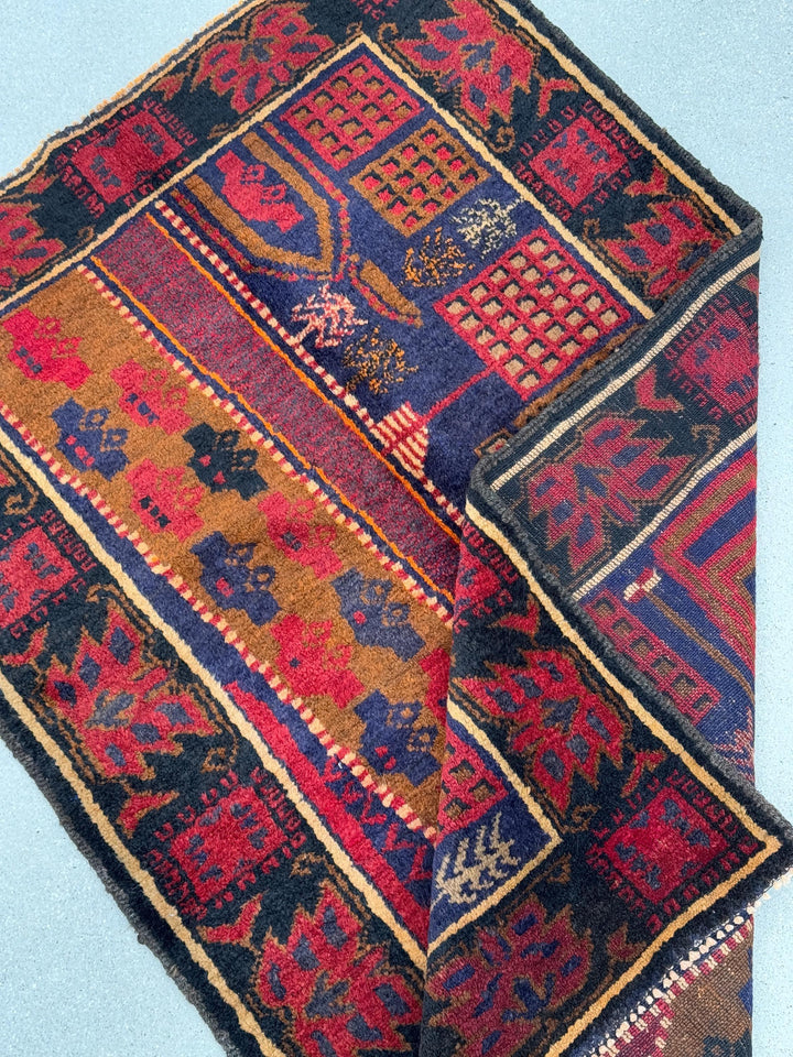 3x5 (91x152) Handmade Vintage Afghan Baluch Rug | Garnet Cherry Crimson Red Navy Midnight Blue Black Caramel Brown Rust Orange Cream | Wool