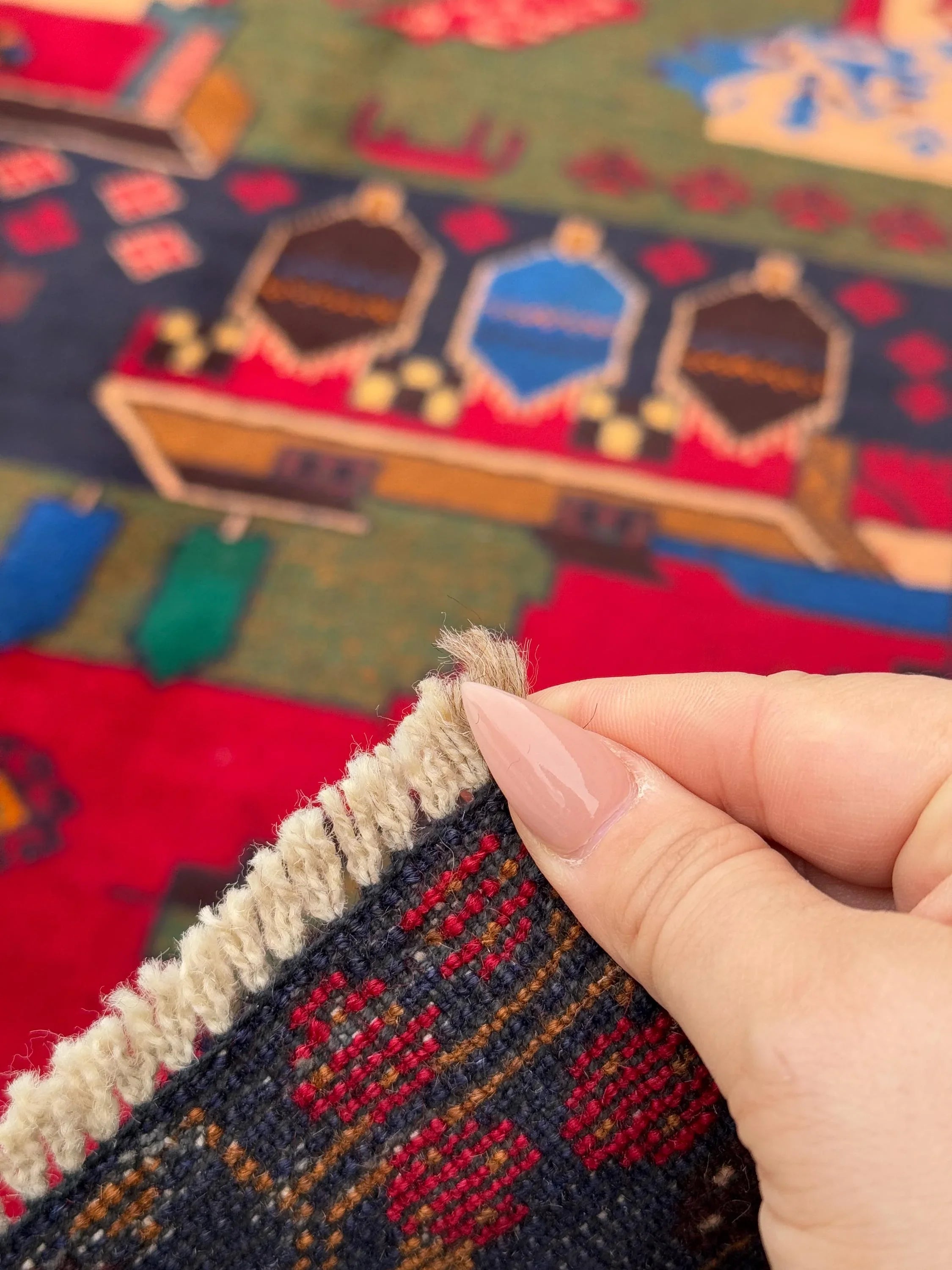 3x5 Handmade Vintage Afghan Baluch Rug Crimson Cherry Red Burgundy Chocolate Brown Royal Midnight Blue Olive Moss Green Cream Caramel Brown