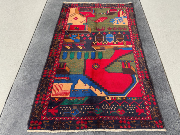 3x5 Handmade Vintage Afghan Baluch Rug Crimson Cherry Red Burgundy Chocolate Brown Royal Midnight Blue Olive Moss Green Cream Caramel Brown