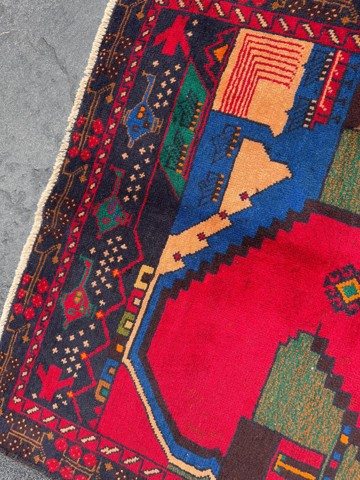 3x5 Handmade Vintage Afghan Baluch Rug Crimson Cherry Red Burgundy Chocolate Brown Royal Midnight Blue Olive Moss Green Cream Caramel Brown