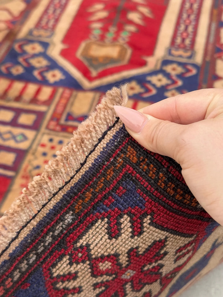 3x5 (91x152) Handmade Vintage Afghan Baluch Rug | Blood Auburn Red Navy Midnight Blue Cream Sand Coffee Brown Maroon Rust Orange Pine Green