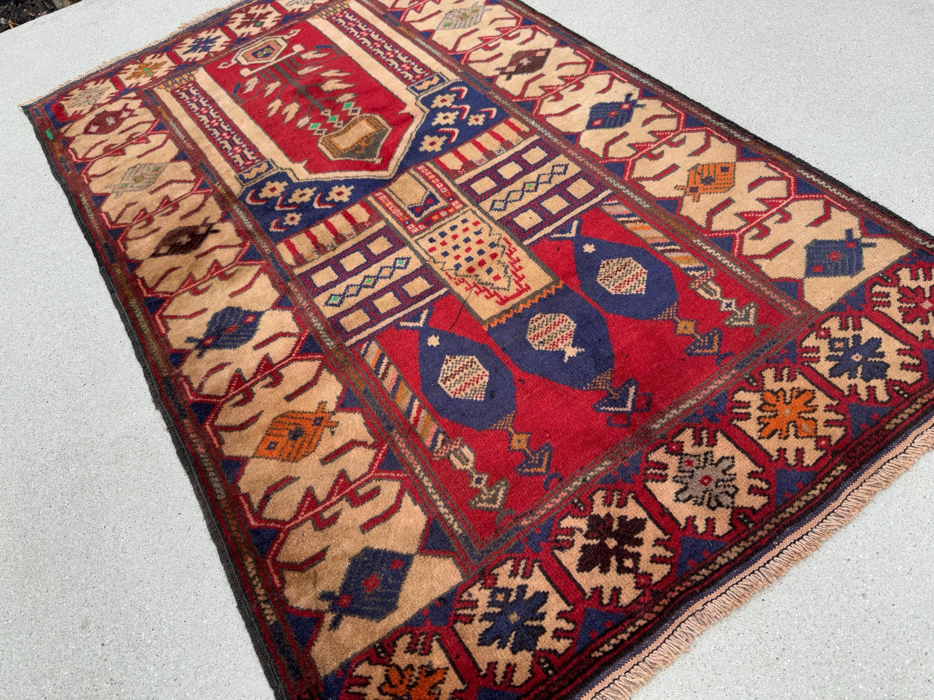 3x5 (91x152) Handmade Vintage Afghan Baluch Rug | Blood Auburn Red Navy Midnight Blue Cream Sand Coffee Brown Maroon Rust Orange Pine Green