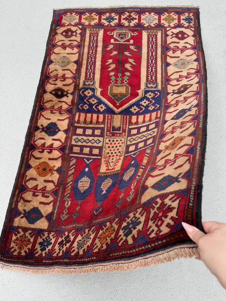 3x5 (91x152) Handmade Vintage Afghan Baluch Rug | Blood Auburn Red Navy Midnight Blue Cream Sand Coffee Brown Maroon Rust Orange Pine Green
