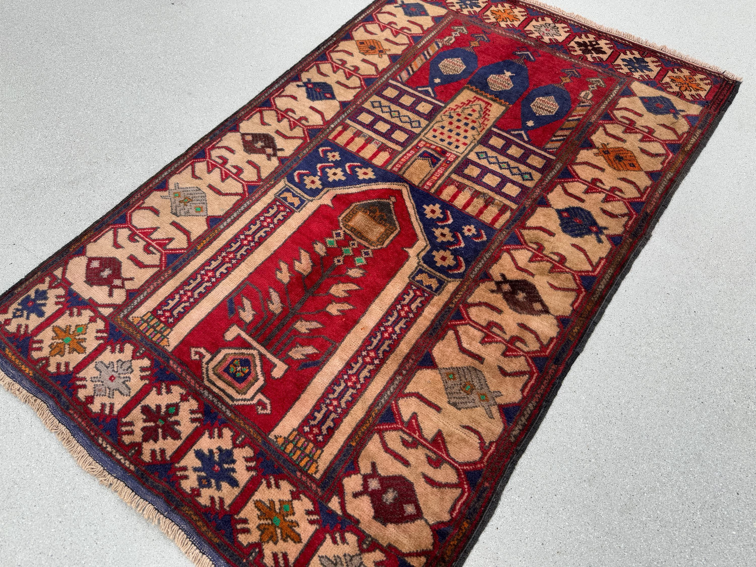 3x5 (91x152) Handmade Vintage Afghan Baluch Rug | Blood Auburn Red Navy Midnight Blue Cream Sand Coffee Brown Maroon Rust Orange Pine Green