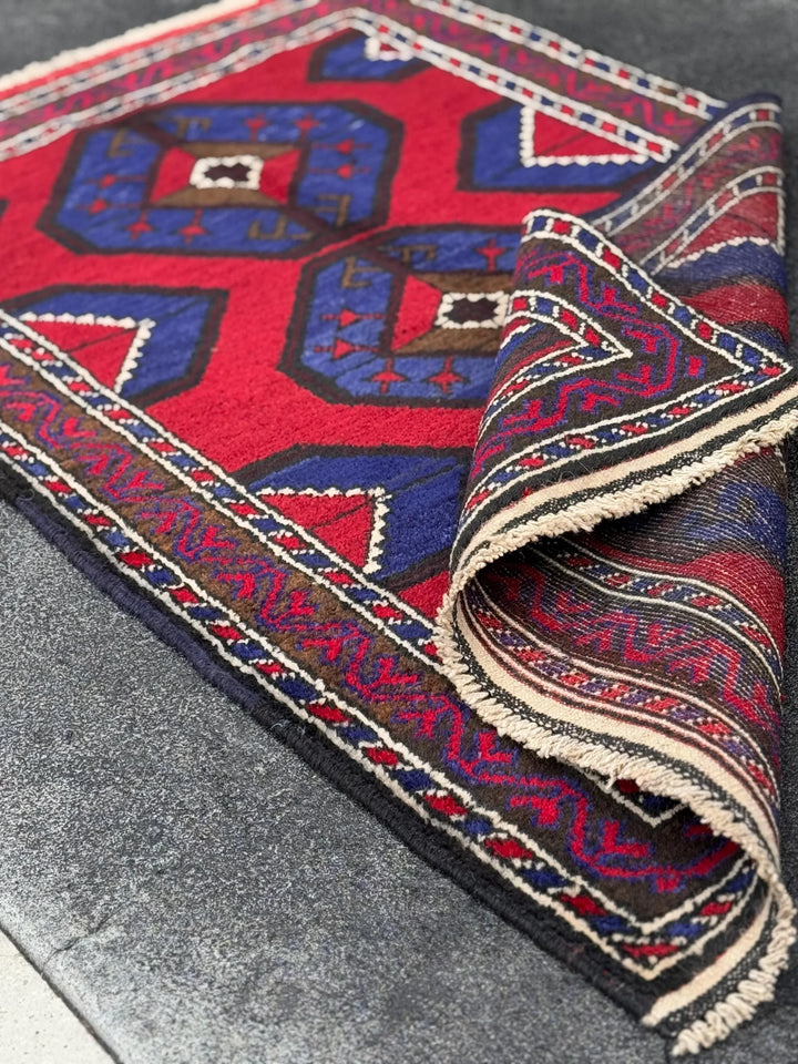3x4-5 (91x152) Handmade Vintage Afghan Baluch Rug | Crimson Red Royal Blue Cream White Ivory Caramel Espresso Brown Black | Wool Geometric