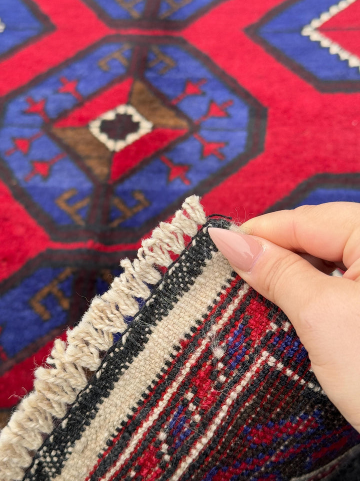 3x4-5 (91x152) Handmade Vintage Afghan Baluch Rug | Crimson Red Royal Blue Cream White Ivory Caramel Espresso Brown Black | Wool Geometric