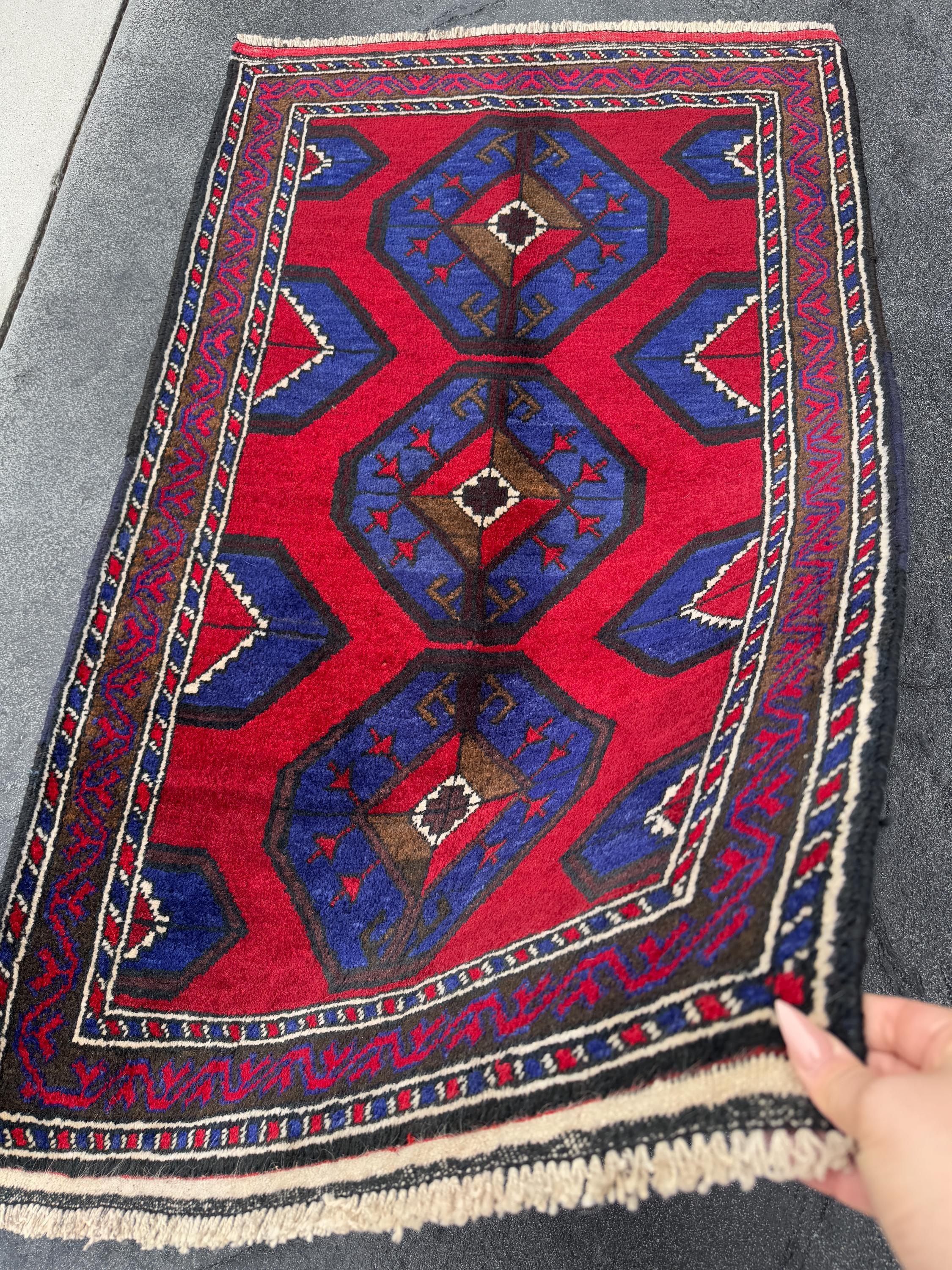 3x4-5 (91x152) Handmade Vintage Afghan Baluch Rug | Crimson Red Royal Blue Cream White Ivory Caramel Espresso Brown Black | Wool Geometric