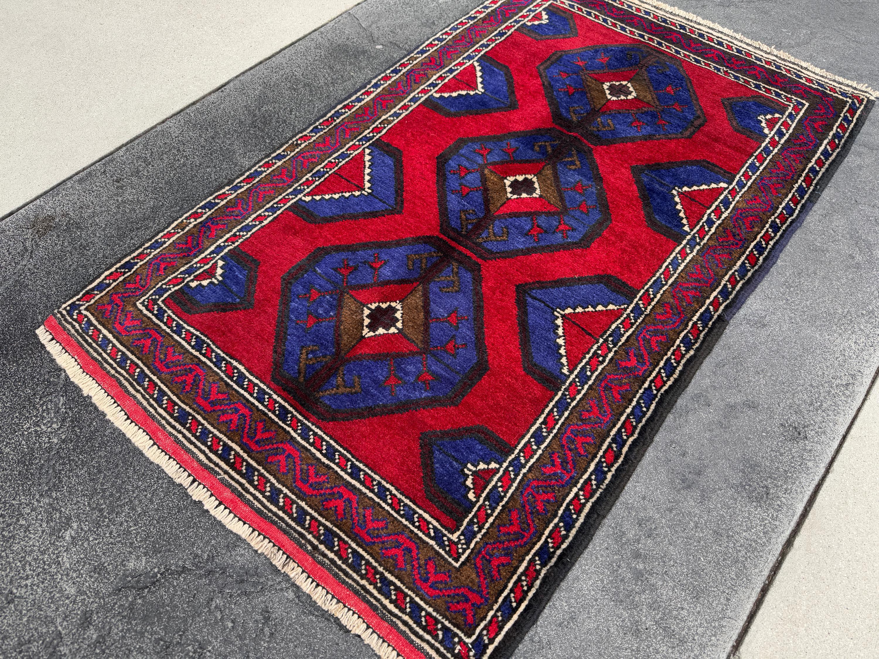 3x4-5 (91x152) Handmade Vintage Afghan Baluch Rug | Crimson Red Royal Blue Cream White Ivory Caramel Espresso Brown Black | Wool Geometric