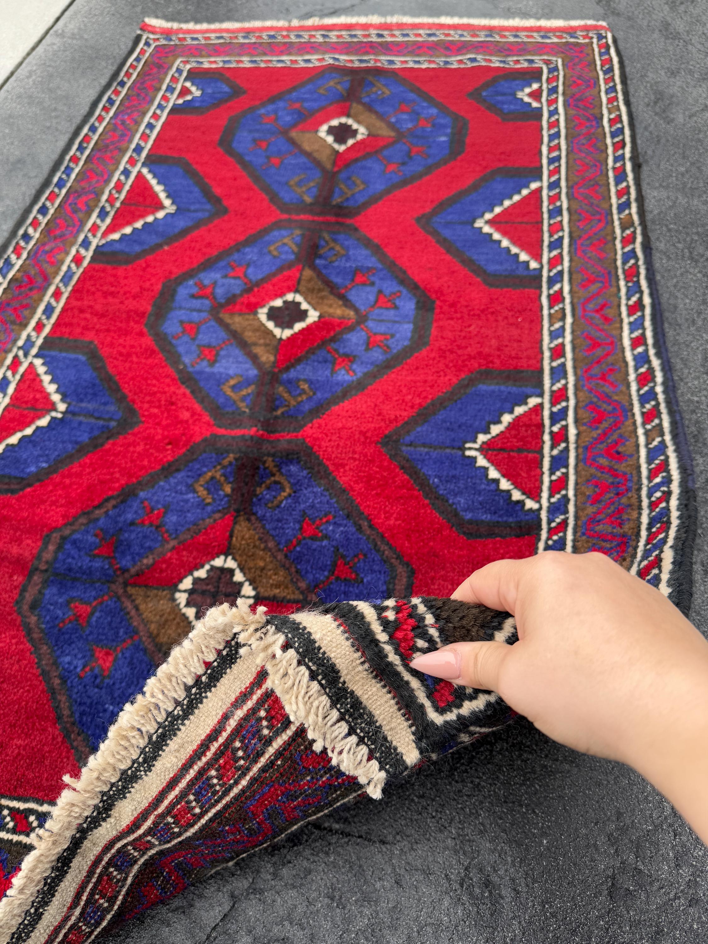 3x4-5 (91x152) Handmade Vintage Afghan Baluch Rug | Crimson Red Royal Blue Cream White Ivory Caramel Espresso Brown Black | Wool Geometric