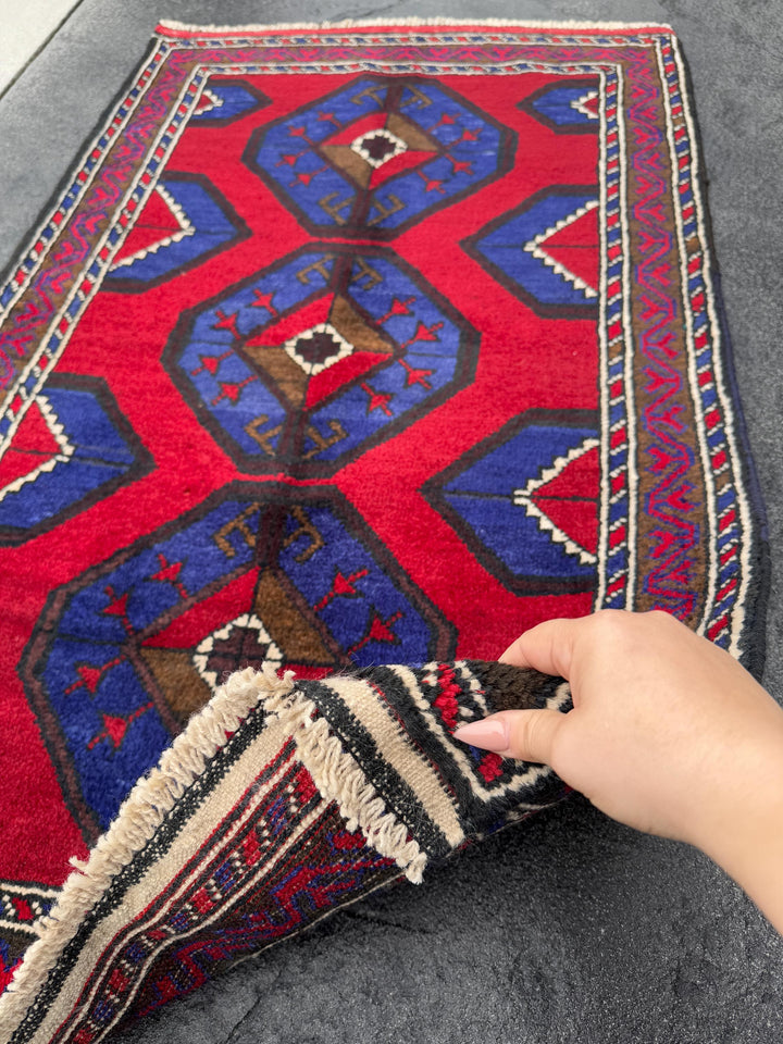 3x4-5 (91x152) Handmade Vintage Afghan Baluch Rug | Crimson Red Royal Blue Cream White Ivory Caramel Espresso Brown Black | Wool Geometric