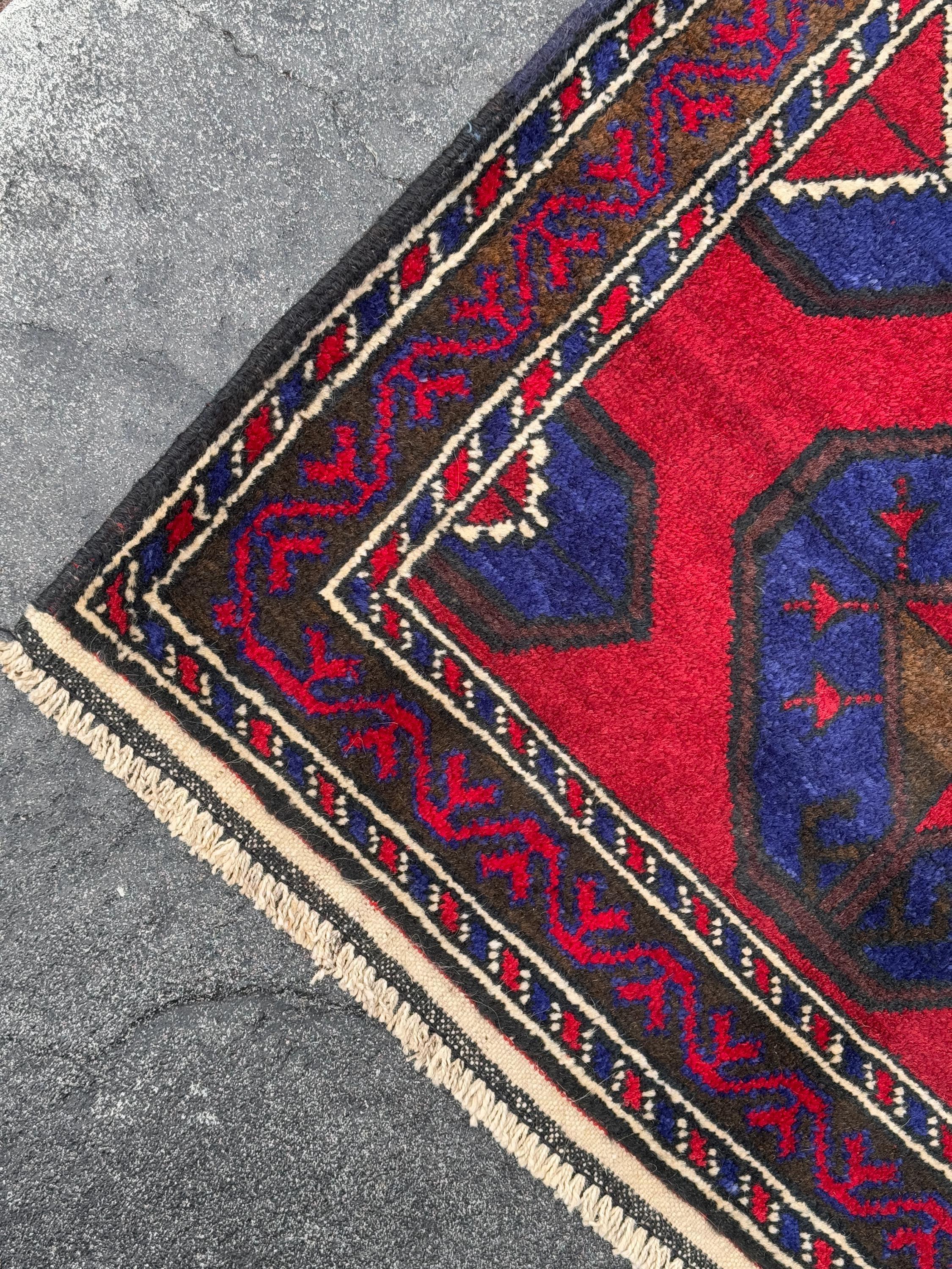 3x4-5 (91x152) Handmade Vintage Afghan Baluch Rug | Crimson Red Royal Blue Cream White Ivory Caramel Espresso Brown Black | Wool Geometric