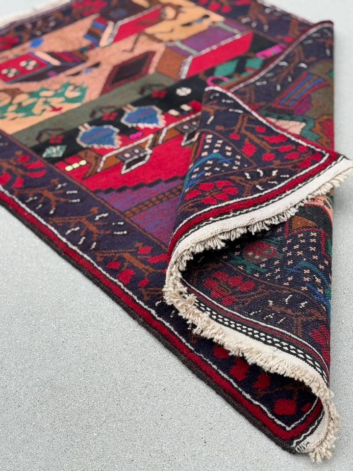 3x5 Handmade Vintage Afghan Baluch Rug | Midnight Royal Denim Blue Crimson Red Purple Forest Green Coral Saffron Orange Salmon Fuchsia Pink