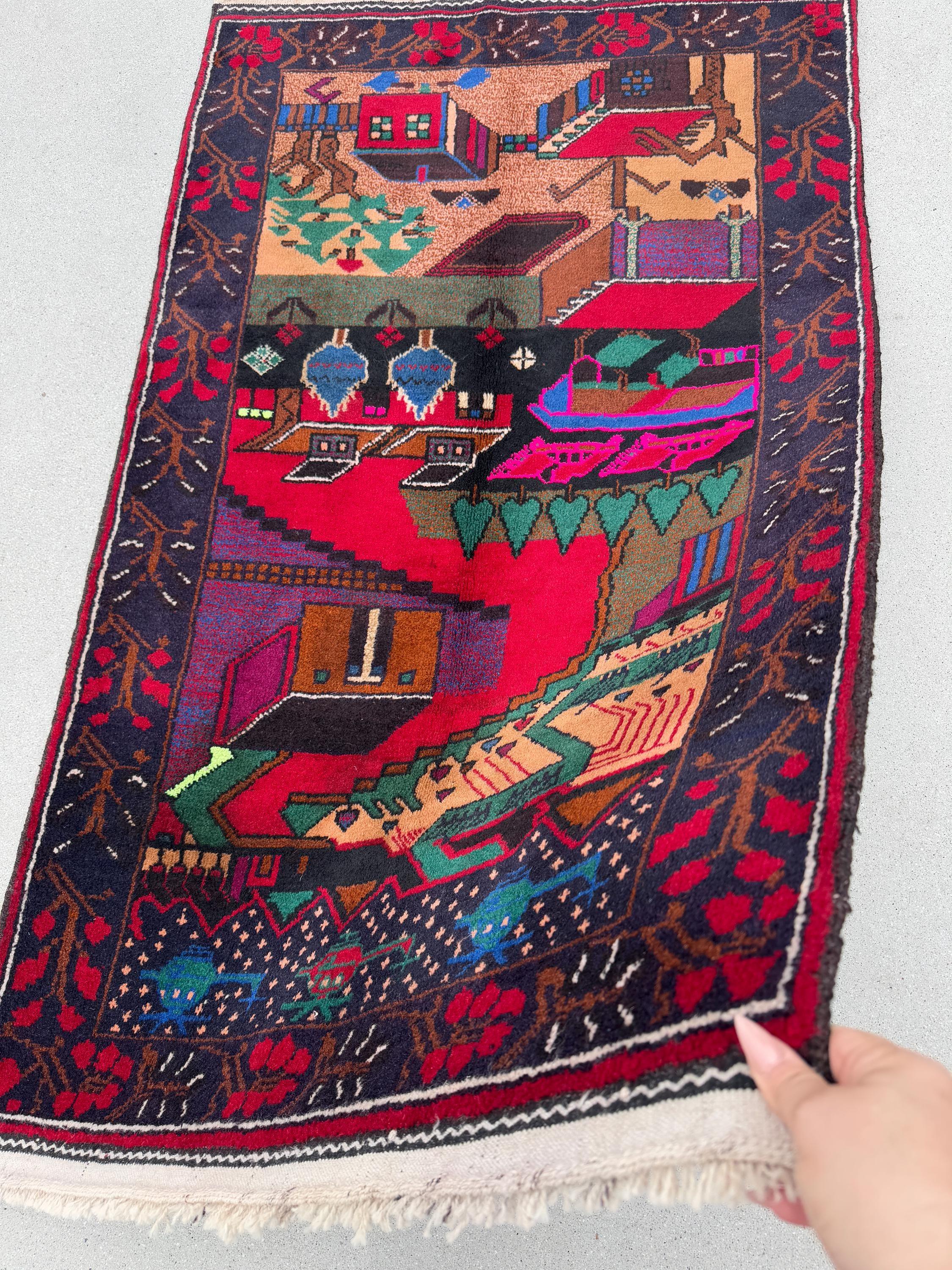 3x5 Handmade Vintage Afghan Baluch Rug | Midnight Royal Denim Blue Crimson Red Purple Forest Green Coral Saffron Orange Salmon Fuchsia Pink