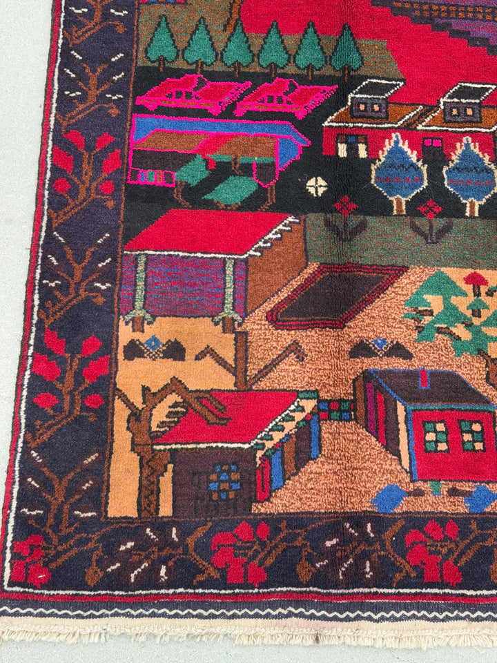 3x5 Handmade Vintage Afghan Baluch Rug | Midnight Royal Denim Blue Crimson Red Purple Forest Green Coral Saffron Orange Salmon Fuchsia Pink