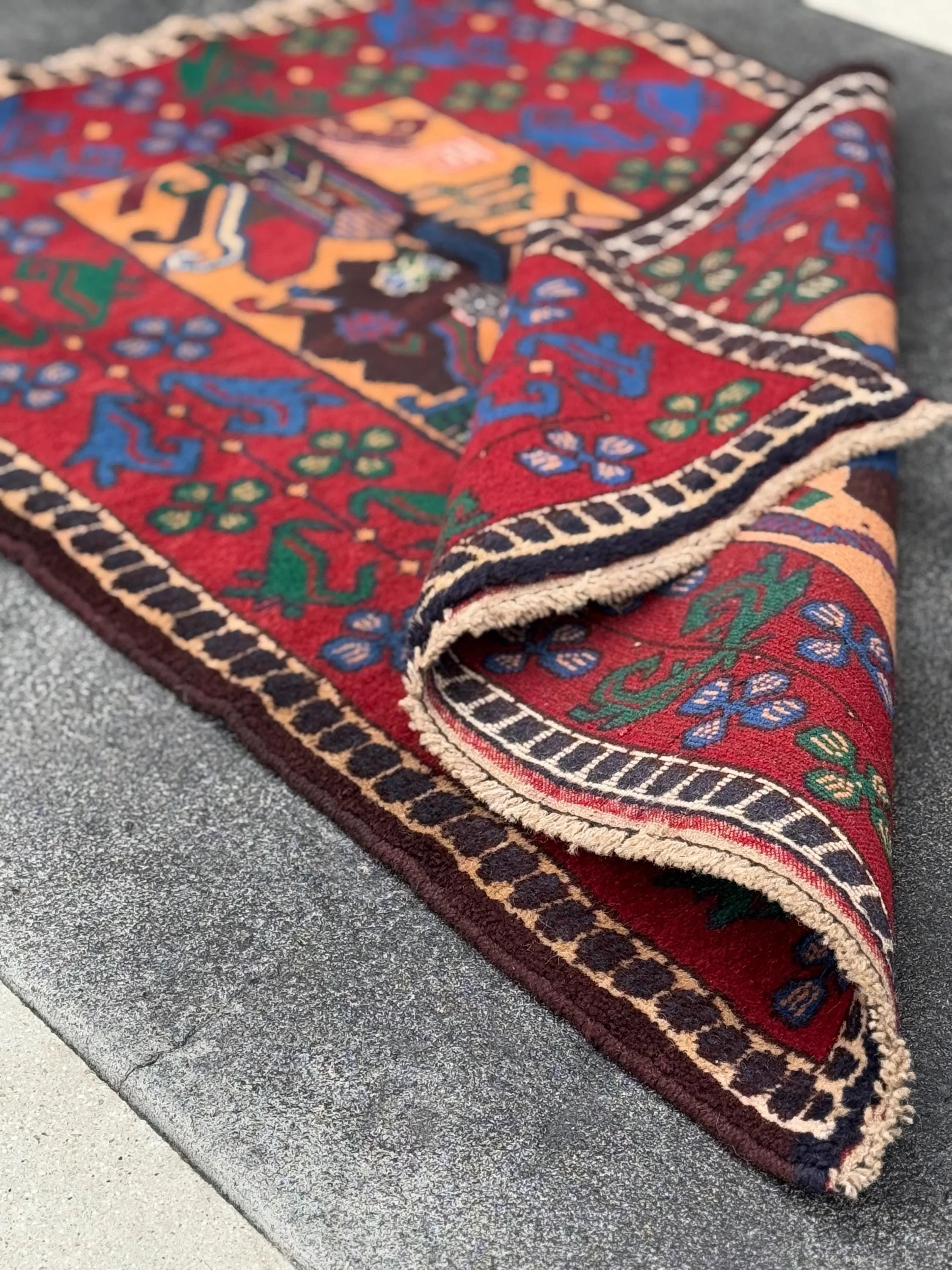 3x5 (91x152) Handmade Vintage Afghan Baluch Rug | Blood Crimson Red Saffron Peach Orange Forest Green Purple Cream Denim Royal Blue | Wool