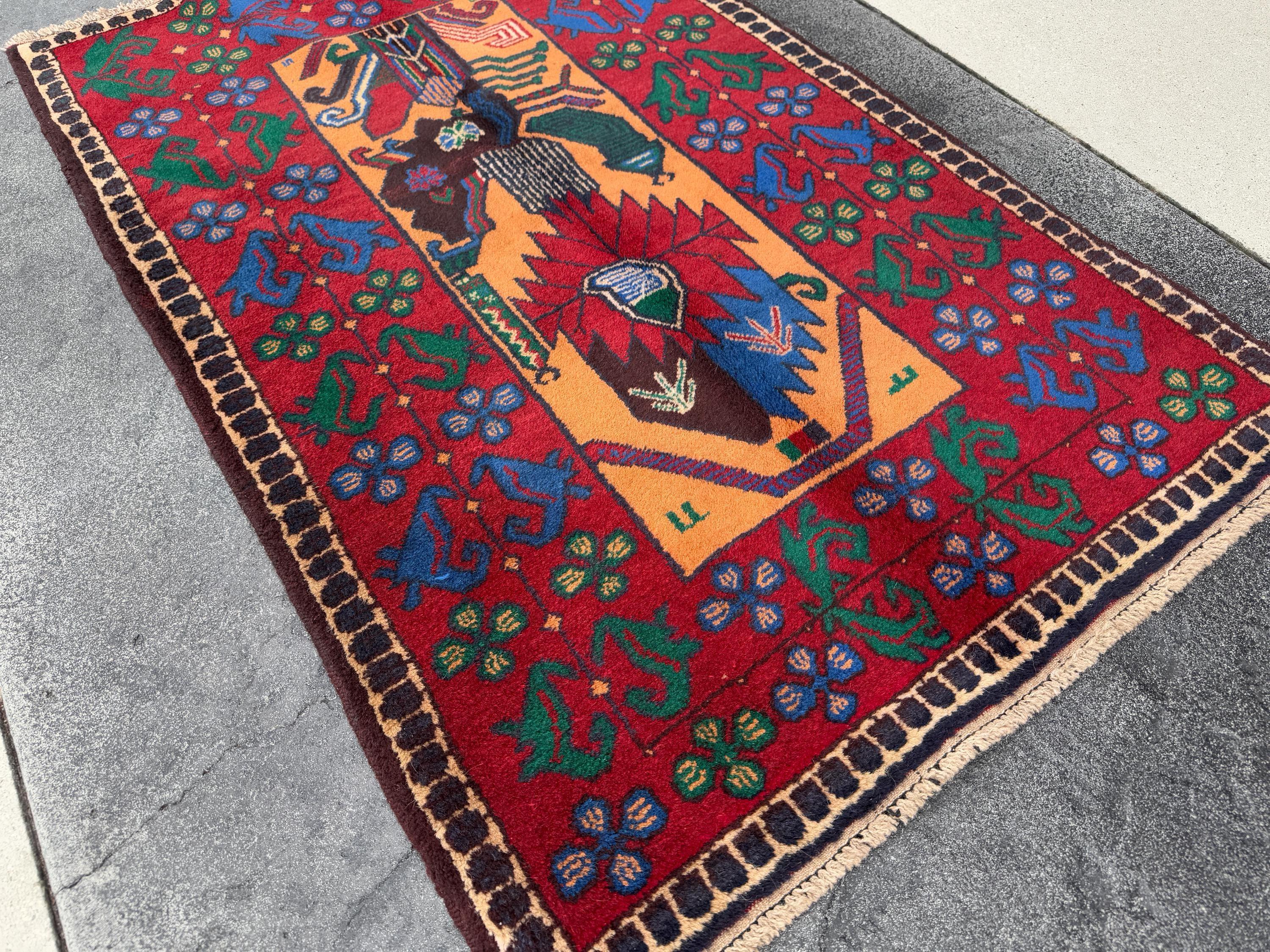 3x5 (91x152) Handmade Vintage Afghan Baluch Rug | Blood Crimson Red Saffron Peach Orange Forest Green Purple Cream Denim Royal Blue | Wool