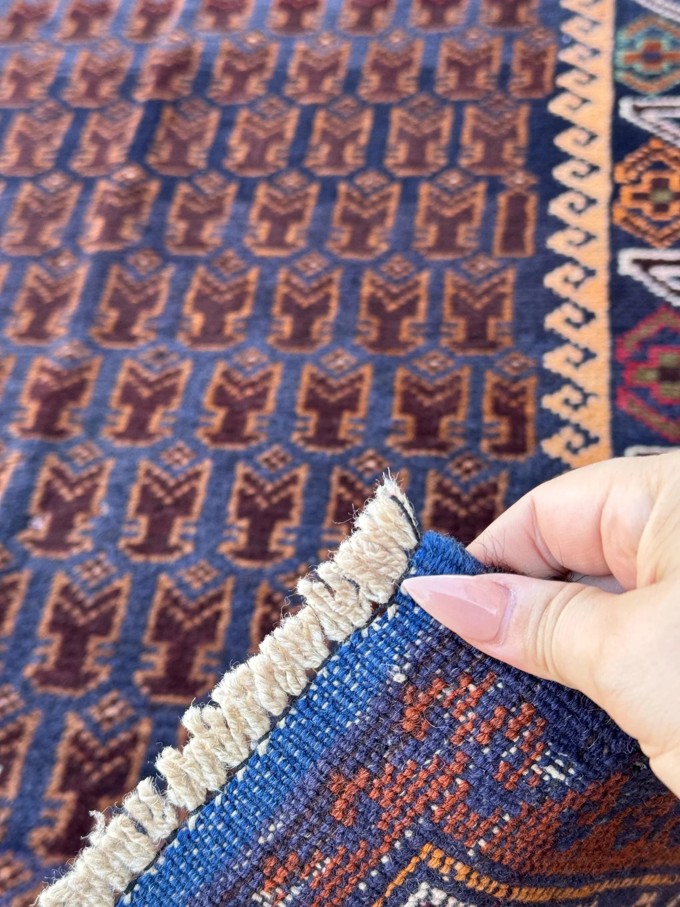 3x4-5 Handmade Vintage Afghan Baluch Rug | Midnight Navy Blue Coffee Caramel Chocolate Brown Cream Blood Red Green Burgundy White Gold Wool