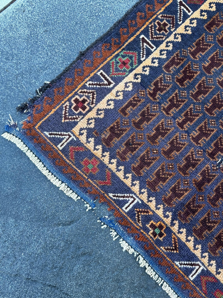 3x4-5 Handmade Vintage Afghan Baluch Rug | Midnight Navy Blue Coffee Caramel Chocolate Brown Cream Blood Red Green Burgundy White Gold Wool