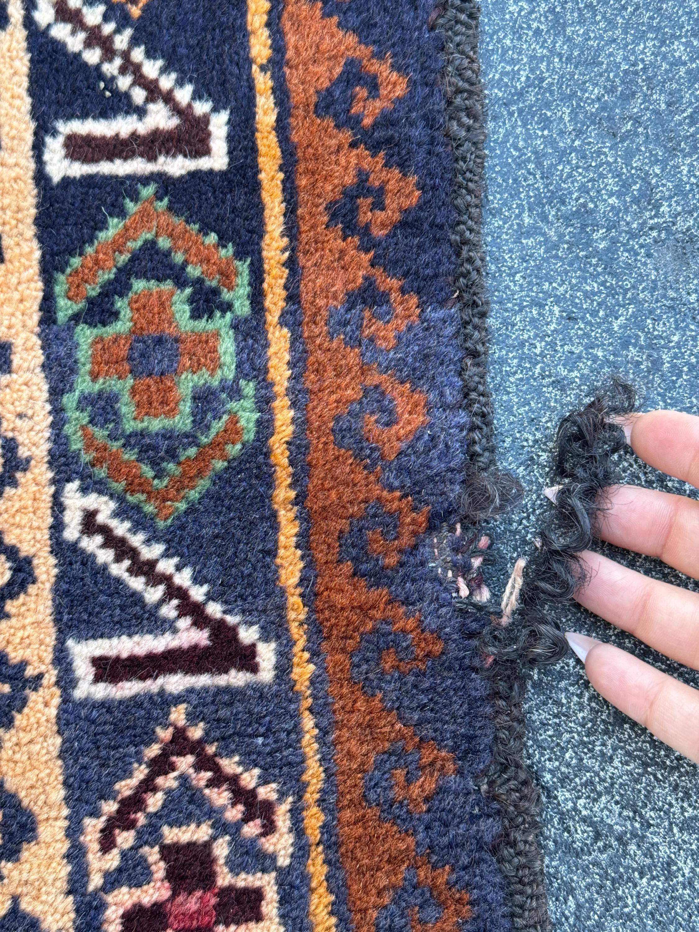 3x4-5 Handmade Vintage Afghan Baluch Rug | Midnight Navy Blue Coffee Caramel Chocolate Brown Cream Blood Red Green Burgundy White Gold Wool