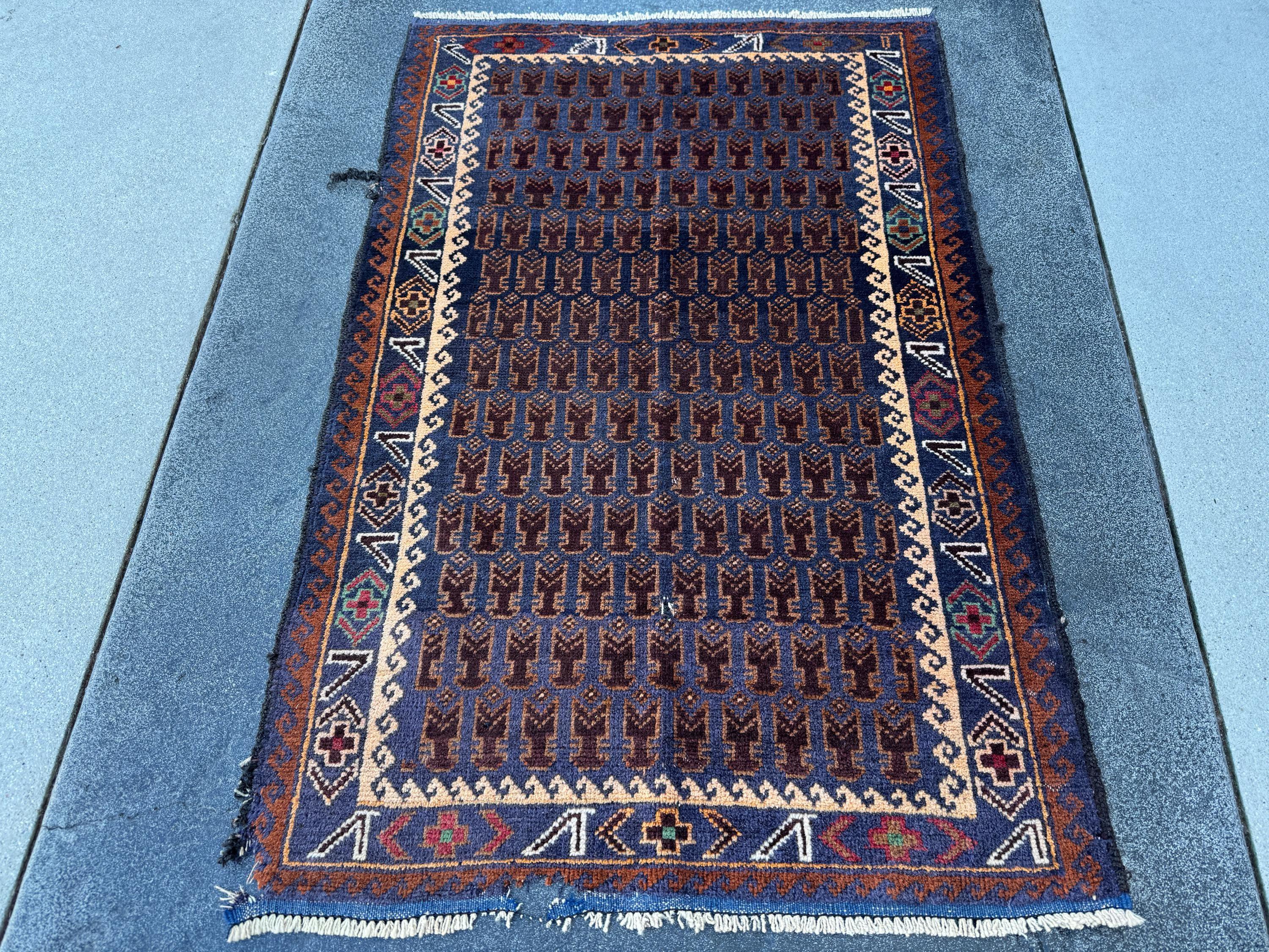 3x4-5 Handmade Vintage Afghan Baluch Rug | Midnight Navy Blue Coffee Caramel Chocolate Brown Cream Blood Red Green Burgundy White Gold Wool