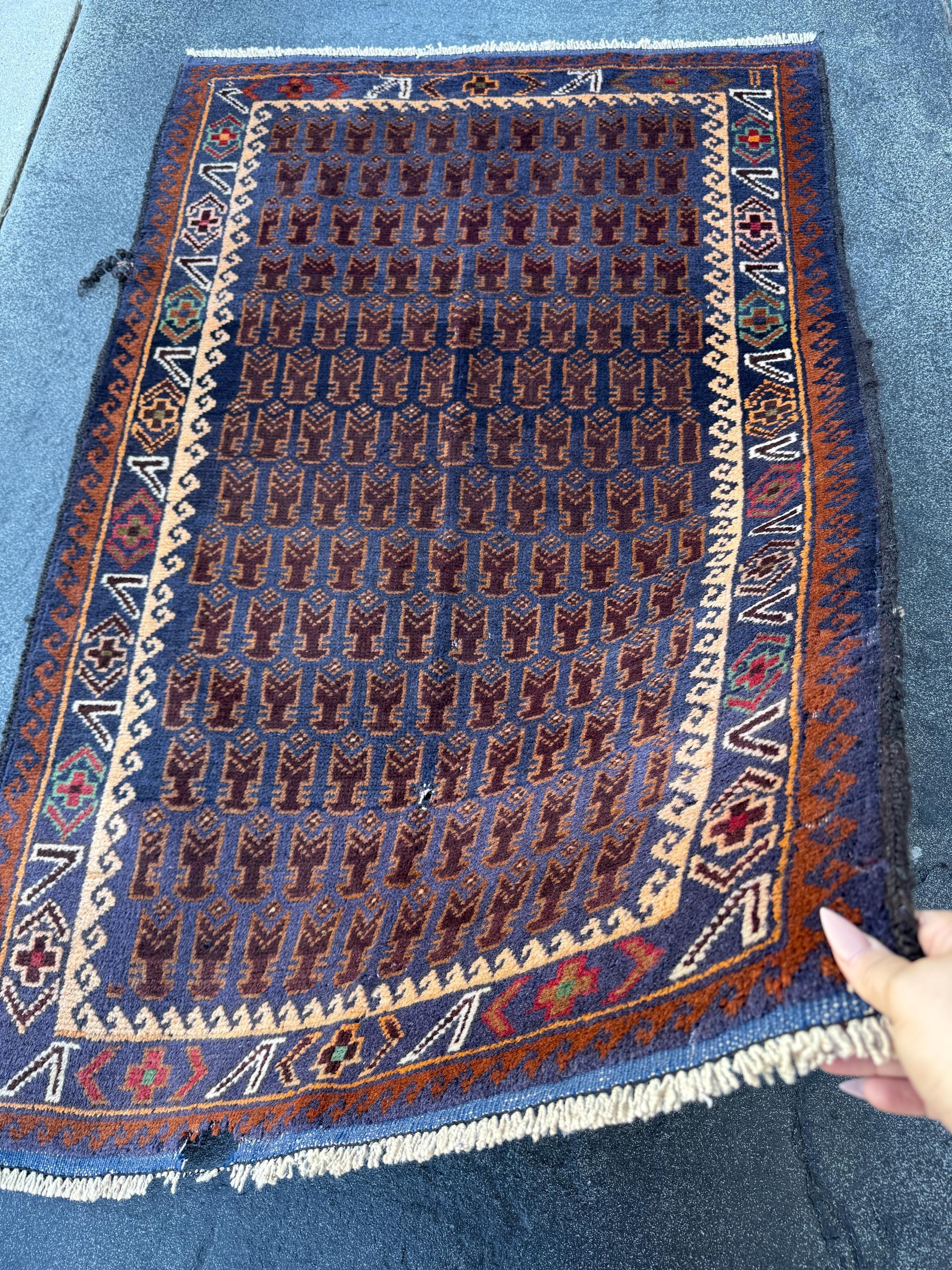 3x4-5 Handmade Vintage Afghan Baluch Rug | Midnight Navy Blue Coffee Caramel Chocolate Brown Cream Blood Red Green Burgundy White Gold Wool