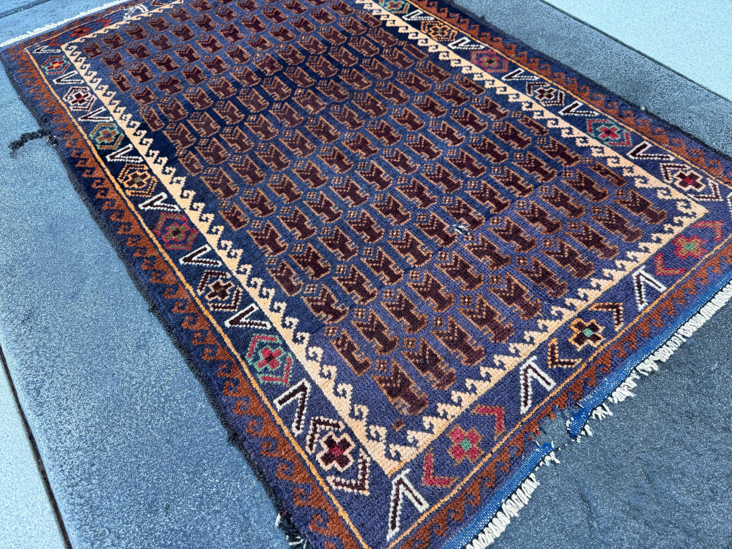 3x4-5 Handmade Vintage Afghan Baluch Rug | Midnight Navy Blue Coffee Caramel Chocolate Brown Cream Blood Red Green Burgundy White Gold Wool