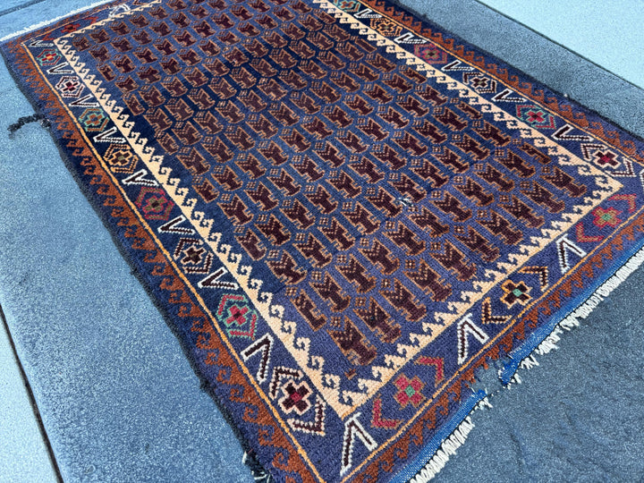 3x4-5 Handmade Vintage Afghan Baluch Rug | Midnight Navy Blue Coffee Caramel Chocolate Brown Cream Blood Red Green Burgundy White Gold Wool