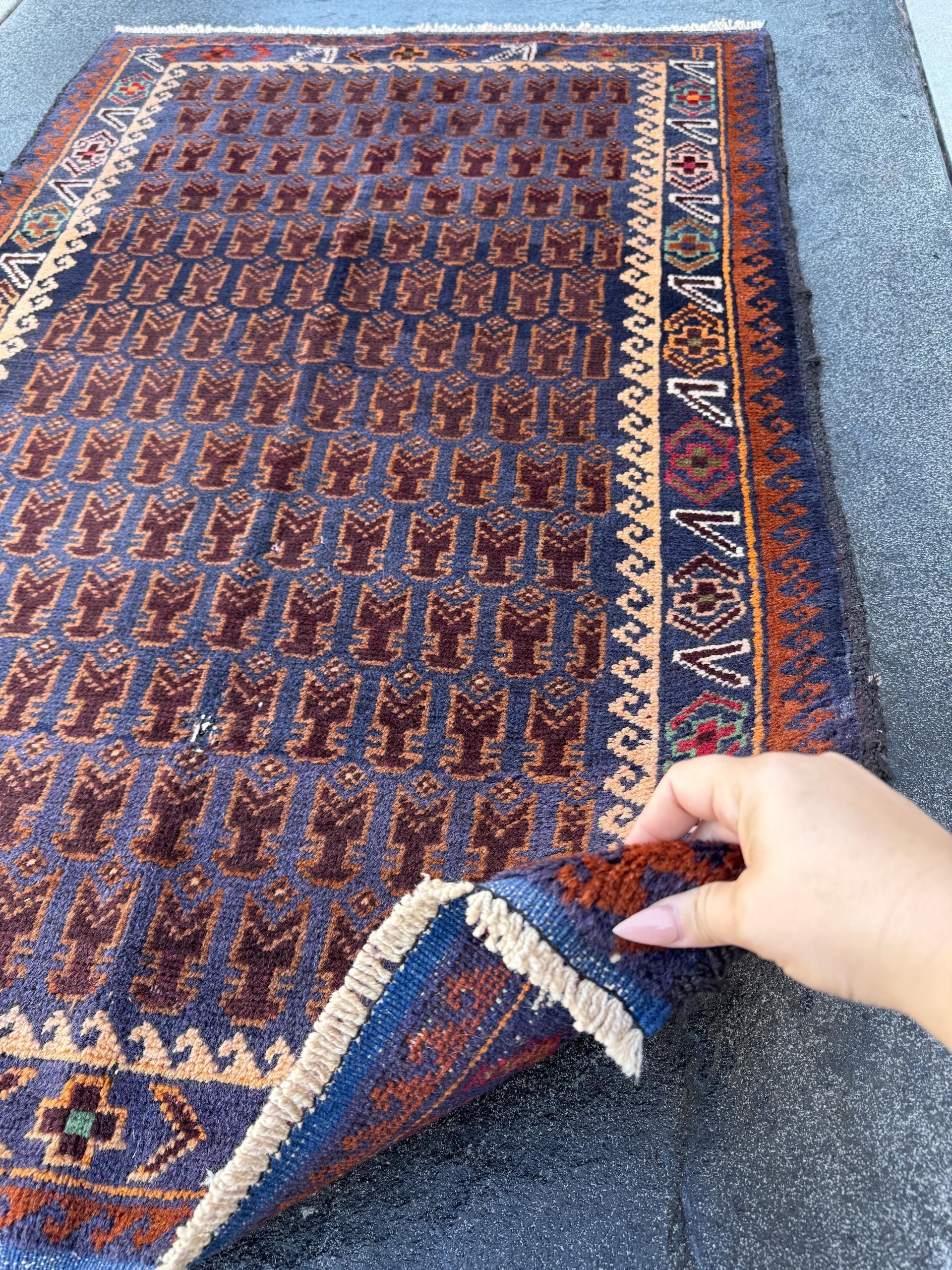 3x4-5 Handmade Vintage Afghan Baluch Rug | Midnight Navy Blue Coffee Caramel Chocolate Brown Cream Blood Red Green Burgundy White Gold Wool