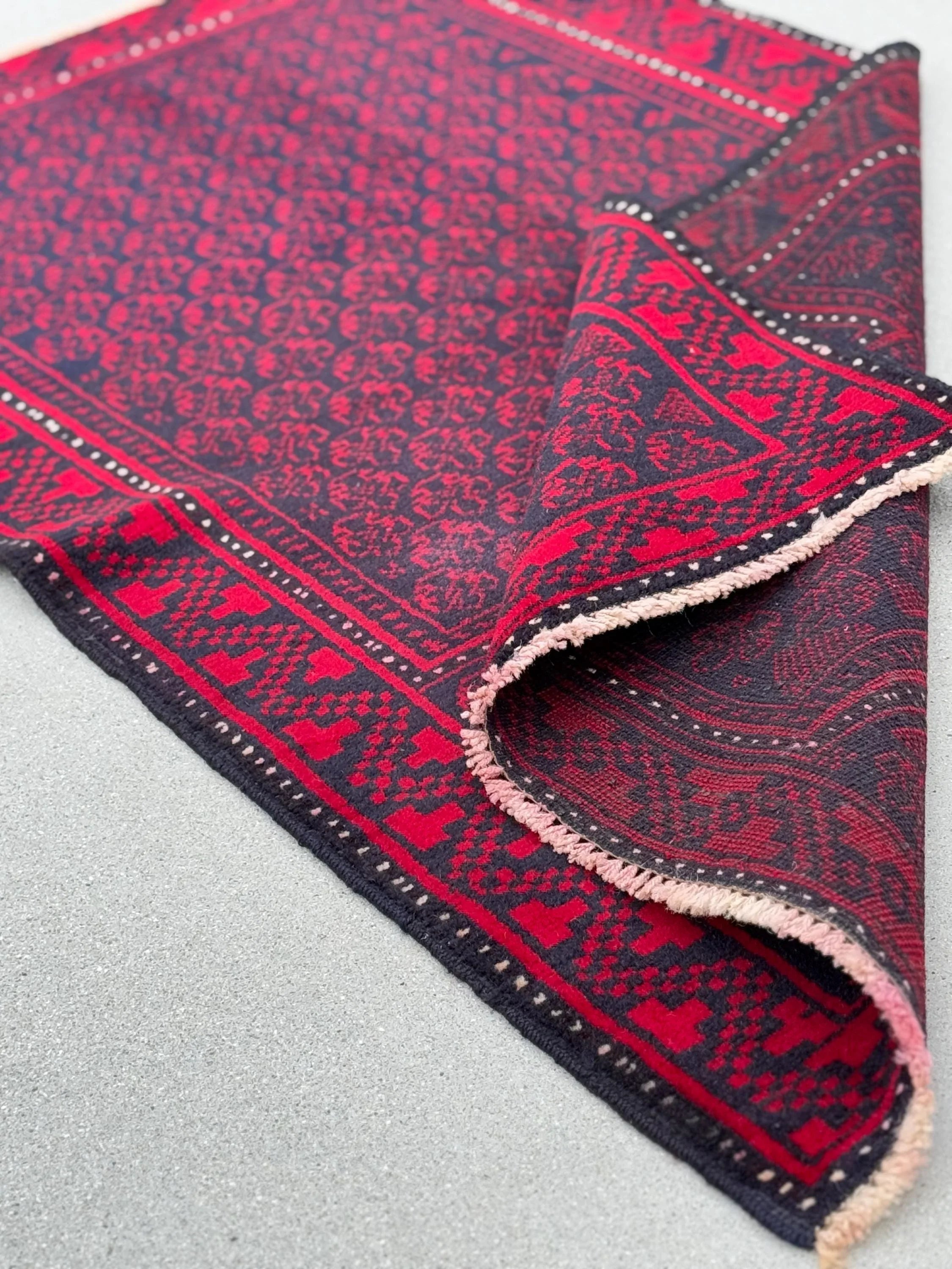 3x5 (91x152) Handmade Vintage Afghan Baluch Rug | Crimson Red Midnight Blue Black Cream White Ivory | Wool Geometric Traditional Persian