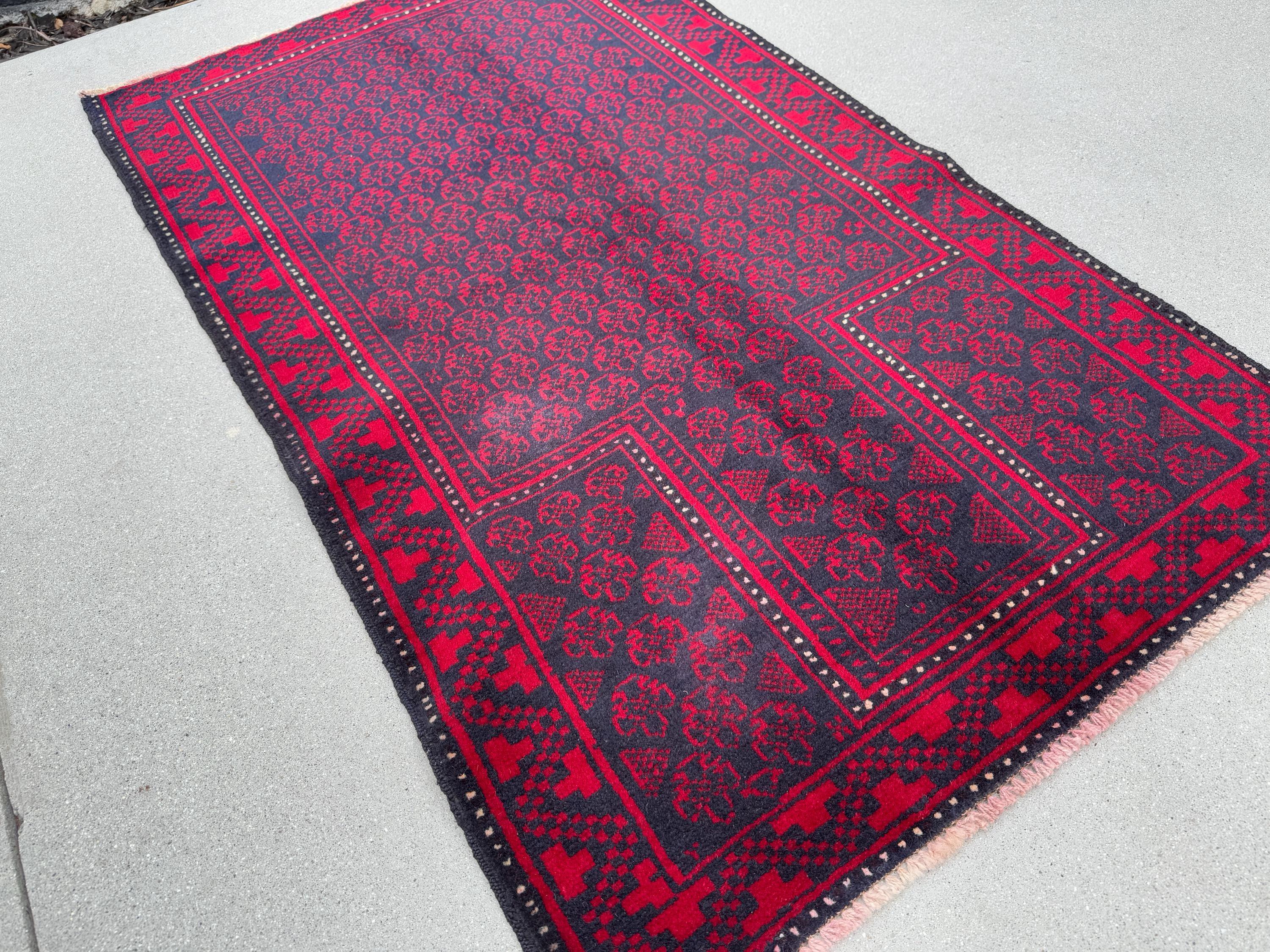 3x5 (91x152) Handmade Vintage Afghan Baluch Rug | Crimson Red Midnight Blue Black Cream White Ivory | Wool Geometric Traditional Persian