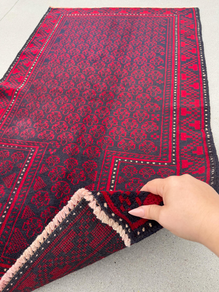 3x5 (91x152) Handmade Vintage Afghan Baluch Rug | Crimson Red Midnight Blue Black Cream White Ivory | Wool Geometric Traditional Persian