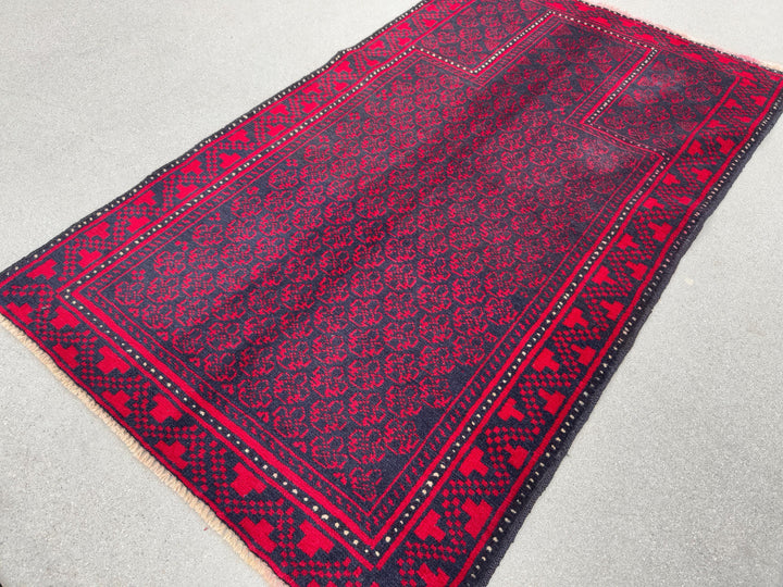 3x5 (91x152) Handmade Vintage Afghan Baluch Rug | Crimson Red Midnight Blue Black Cream White Ivory | Wool Geometric Traditional Persian