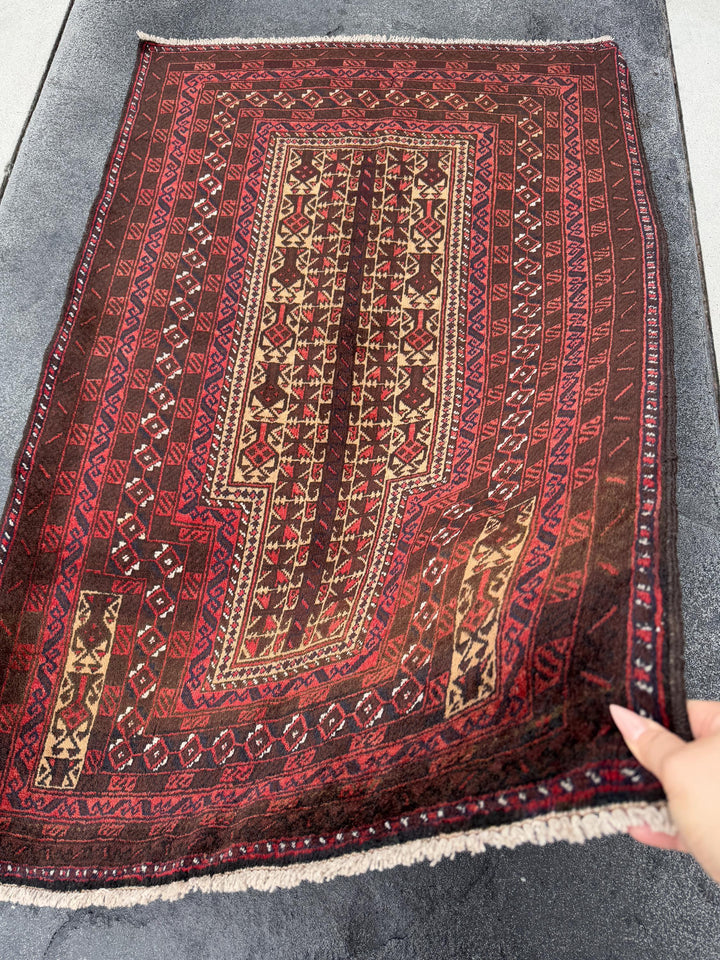 3x5 (91x152) Handmade Vintage Afghan Baluch Rug | Brick Red Coffee Chocolate Brown Black Midnight Blue White Ivory Cream Sand Gold Saffron