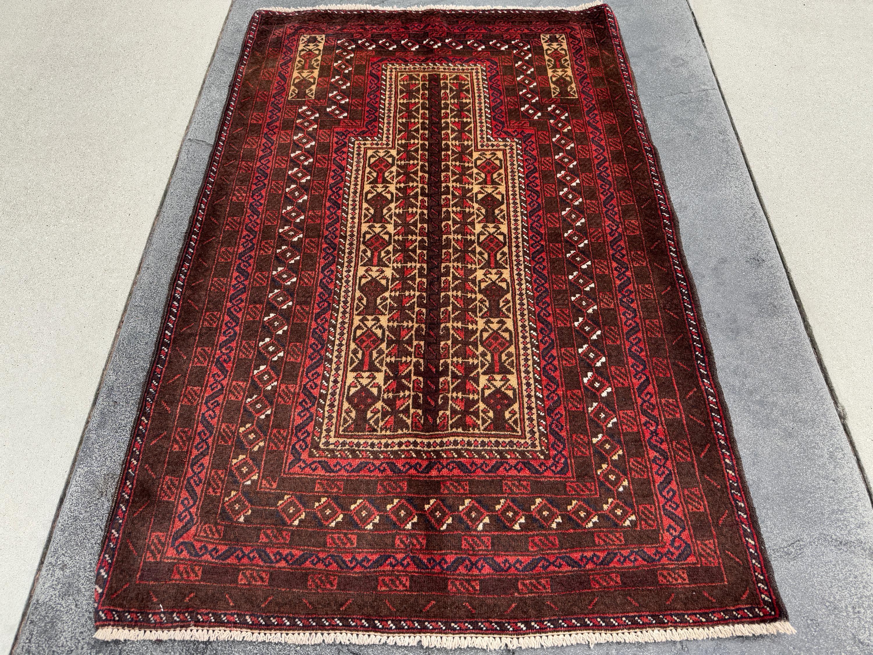 3x5 (91x152) Handmade Vintage Afghan Baluch Rug | Brick Red Coffee Chocolate Brown Black Midnight Blue White Ivory Cream Sand Gold Saffron