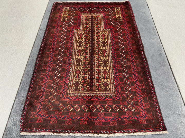 3x5 (91x152) Handmade Vintage Afghan Baluch Rug | Brick Red Coffee Chocolate Brown Black Midnight Blue White Ivory Cream Sand Gold Saffron