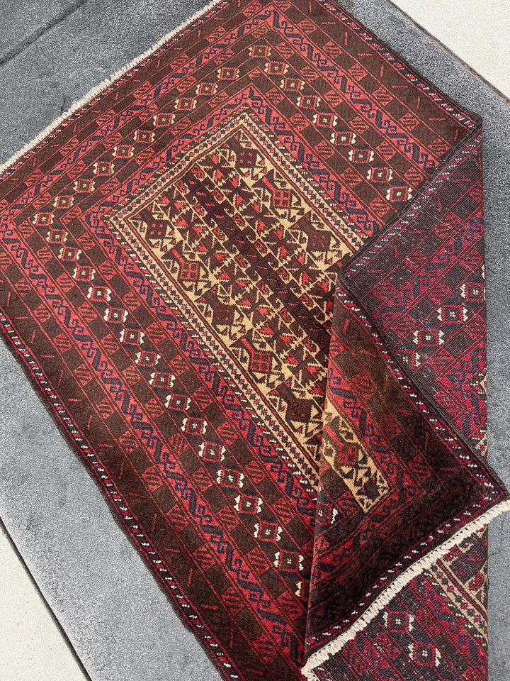3x5 (91x152) Handmade Vintage Afghan Baluch Rug | Brick Red Coffee Chocolate Brown Black Midnight Blue White Ivory Cream Sand Gold Saffron