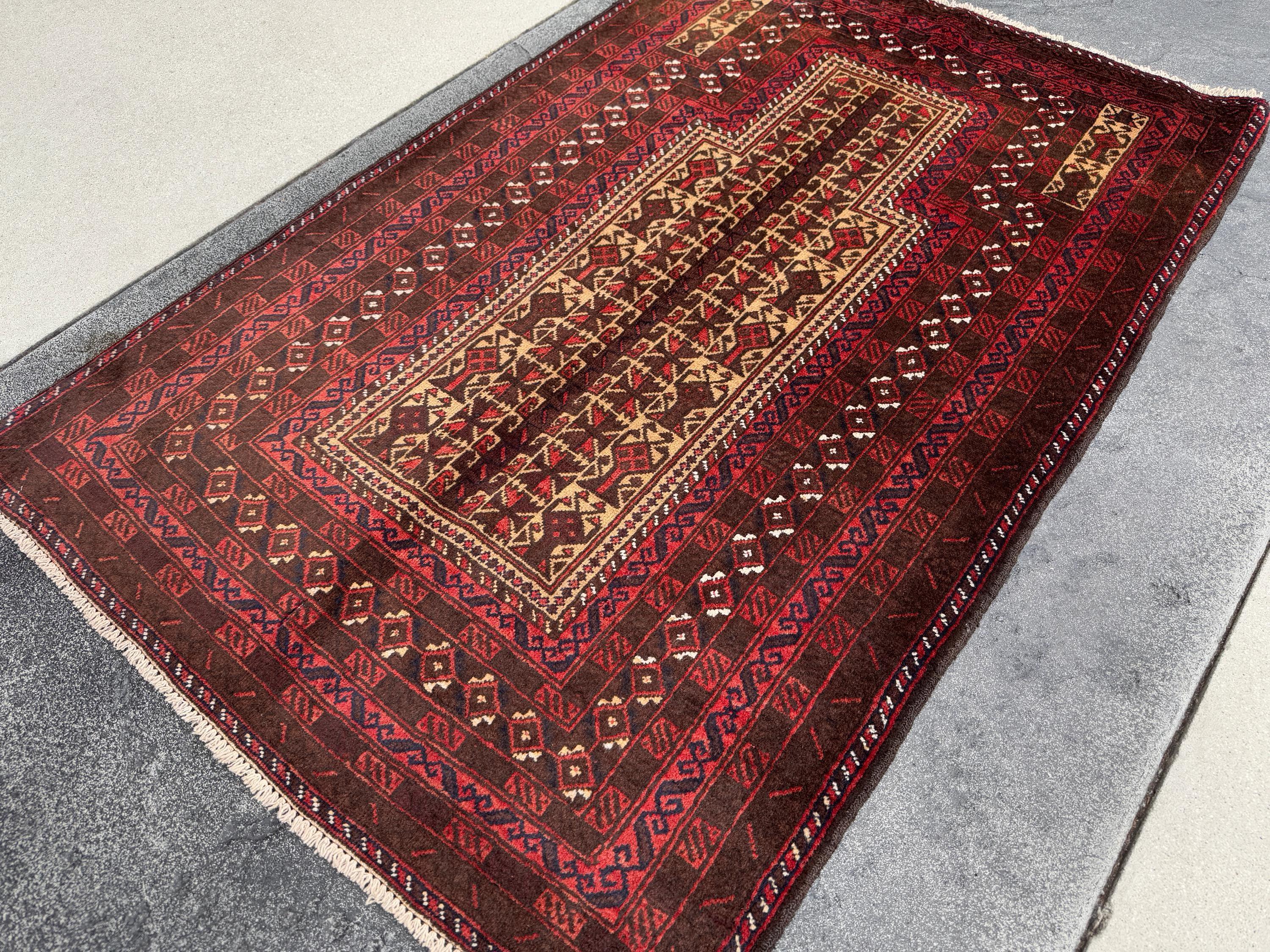 3x5 (91x152) Handmade Vintage Afghan Baluch Rug | Brick Red Coffee Chocolate Brown Black Midnight Blue White Ivory Cream Sand Gold Saffron