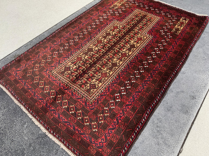 3x5 (91x152) Handmade Vintage Afghan Baluch Rug | Brick Red Coffee Chocolate Brown Black Midnight Blue White Ivory Cream Sand Gold Saffron