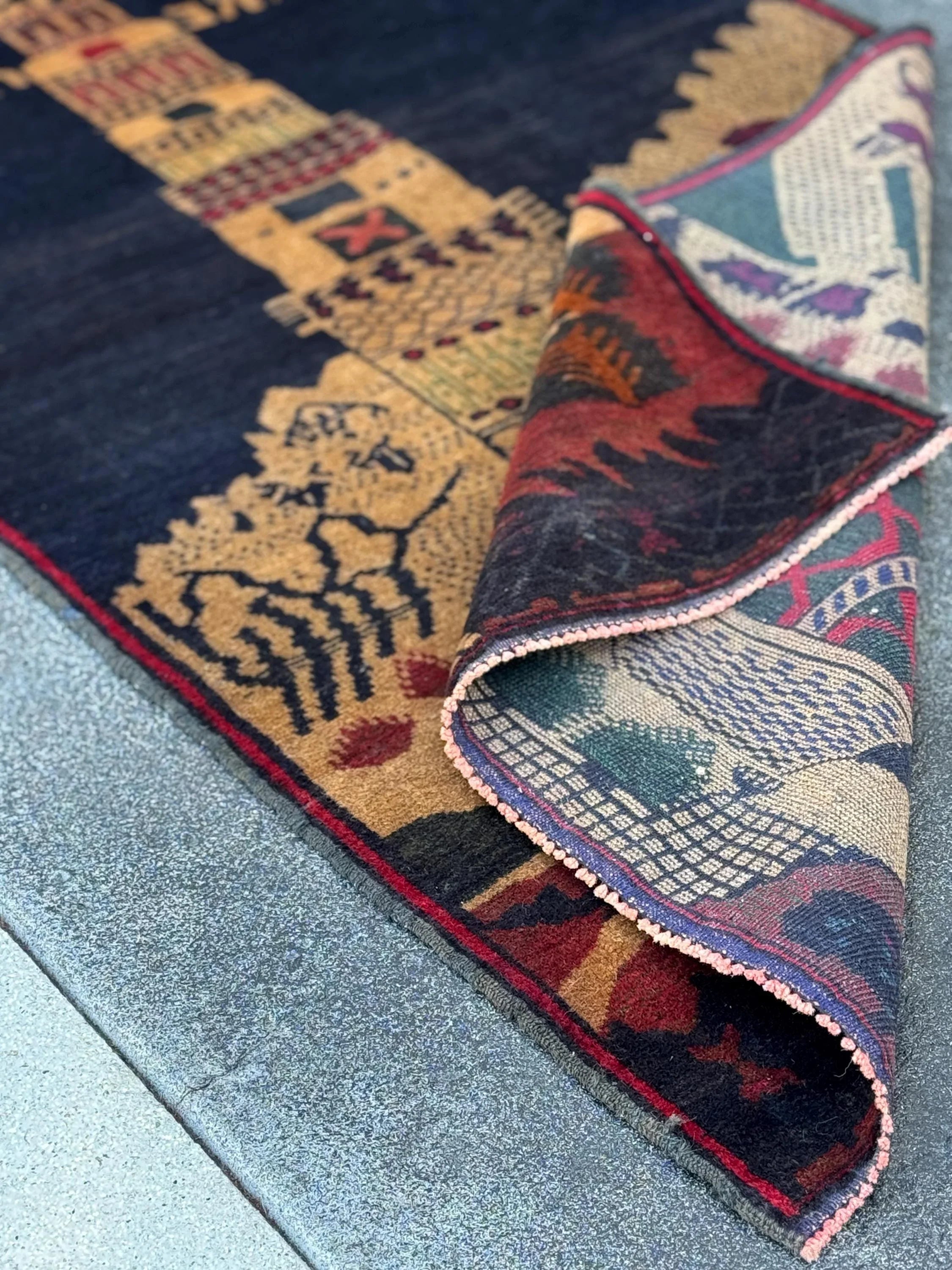 3x5 (91x152) Handmade Vintage Afghan Baluch Rug | Midnight Navy Blue Beige Sand Caramel Tan Brown Rust Orange Brick Crimson Red Forest Green