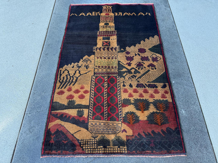 3x5 (91x152) Handmade Vintage Afghan Baluch Rug | Midnight Navy Blue Beige Sand Caramel Tan Brown Rust Orange Brick Crimson Red Forest Green