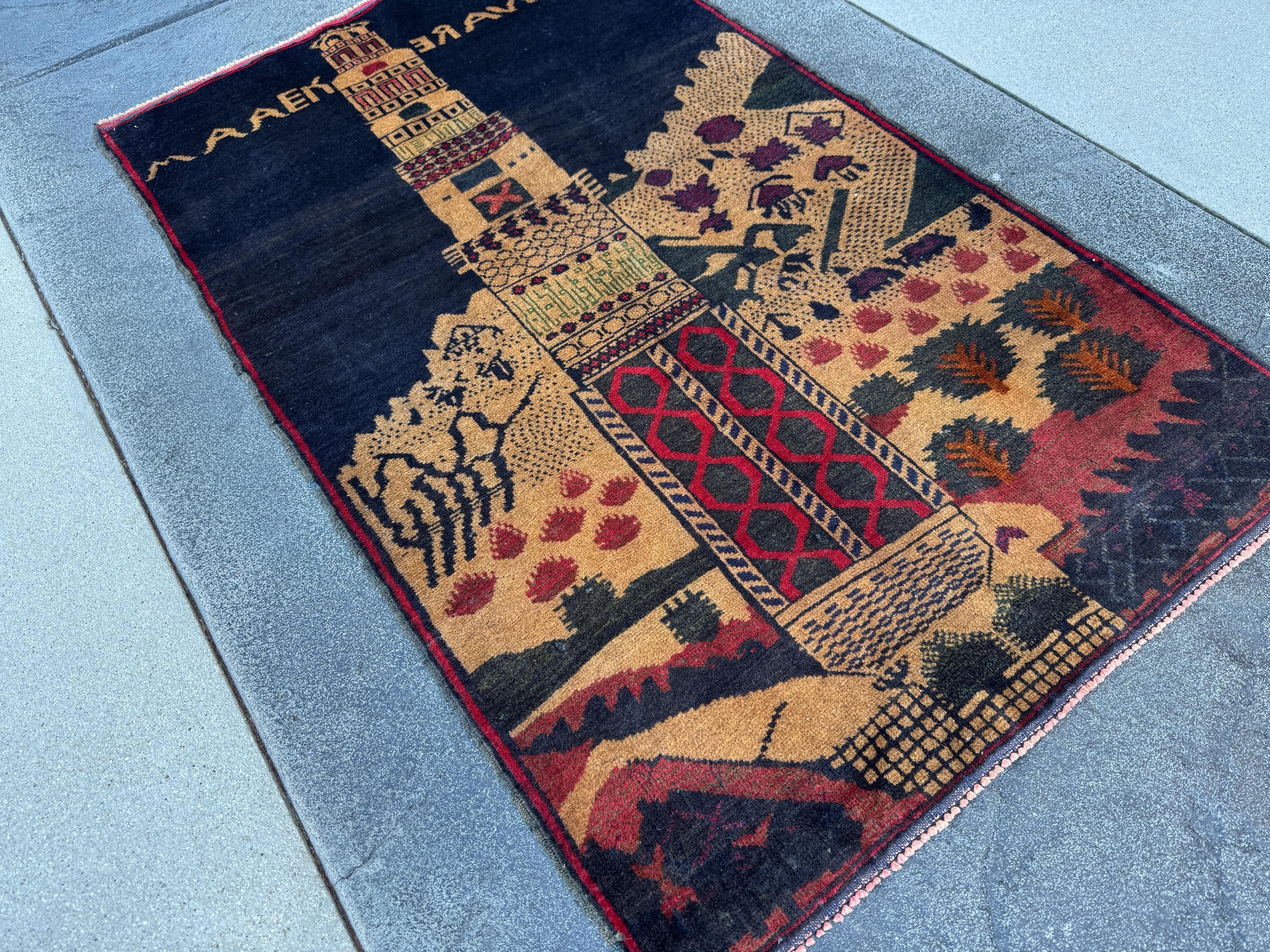 3x5 (91x152) Handmade Vintage Afghan Baluch Rug | Midnight Navy Blue Beige Sand Caramel Tan Brown Rust Orange Brick Crimson Red Forest Green