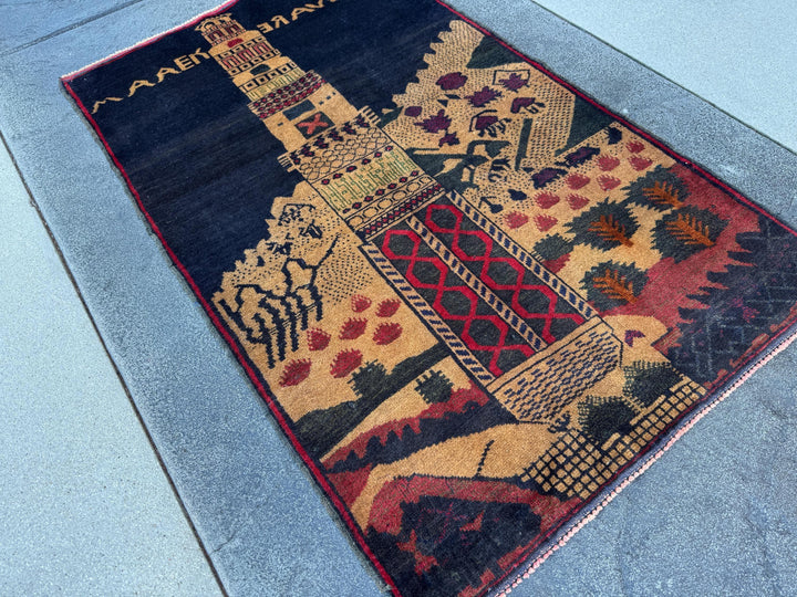 3x5 (91x152) Handmade Vintage Afghan Baluch Rug | Midnight Navy Blue Beige Sand Caramel Tan Brown Rust Orange Brick Crimson Red Forest Green