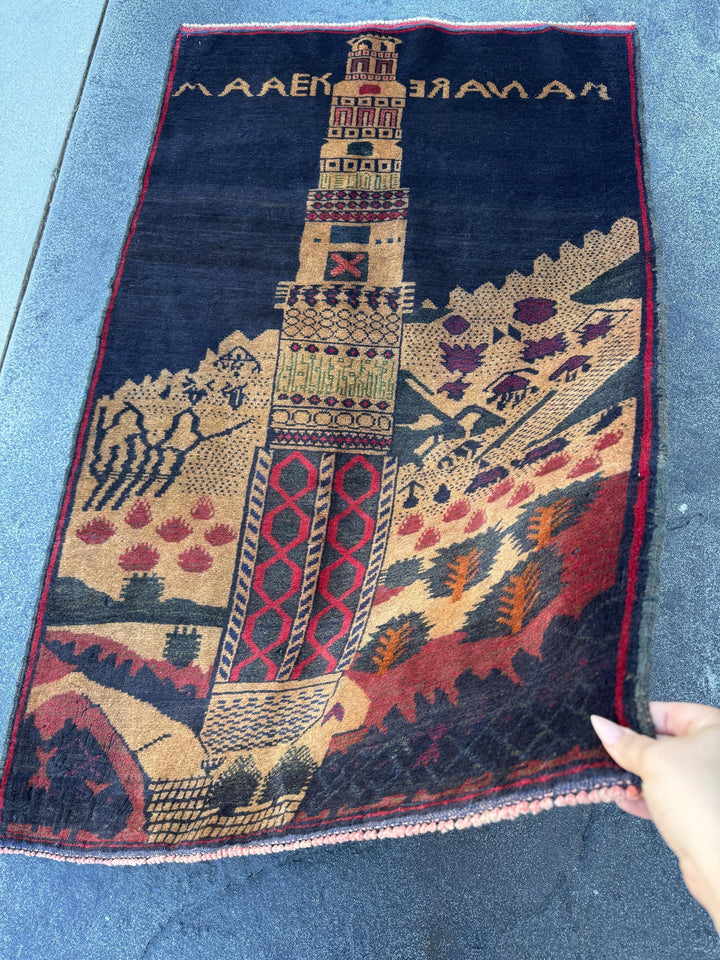 3x5 (91x152) Handmade Vintage Afghan Baluch Rug | Midnight Navy Blue Beige Sand Caramel Tan Brown Rust Orange Brick Crimson Red Forest Green