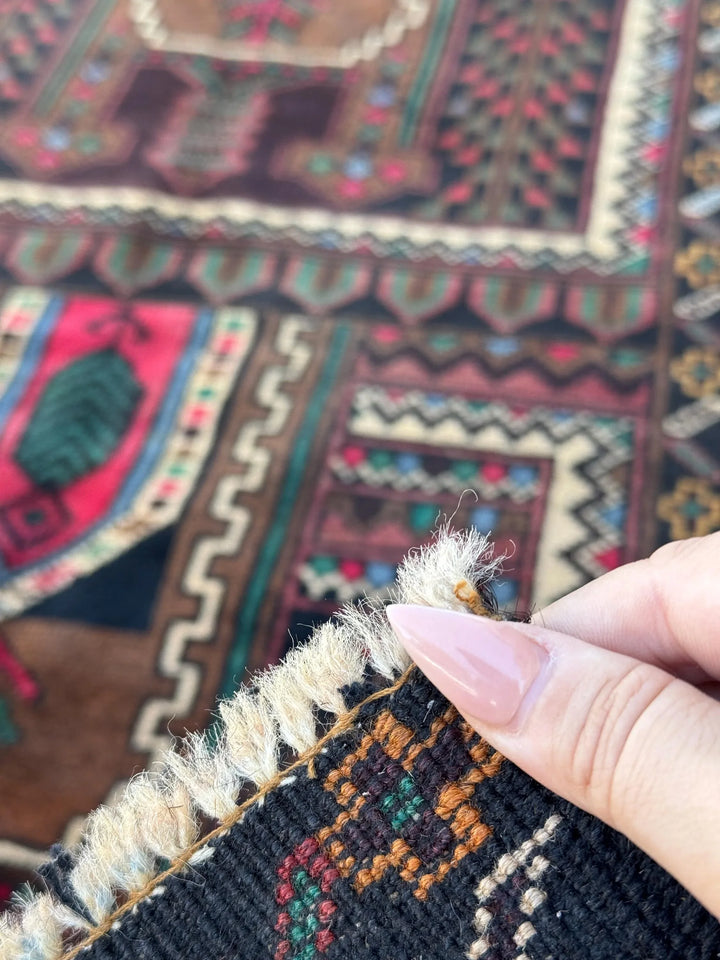 3x4-5 Handmade Vintage Afghan Baluch Rug Black Pine Forest Green Brick Burgundy Crimson Red Cream Caramel Coffee Brown Denim Blue Yellow
